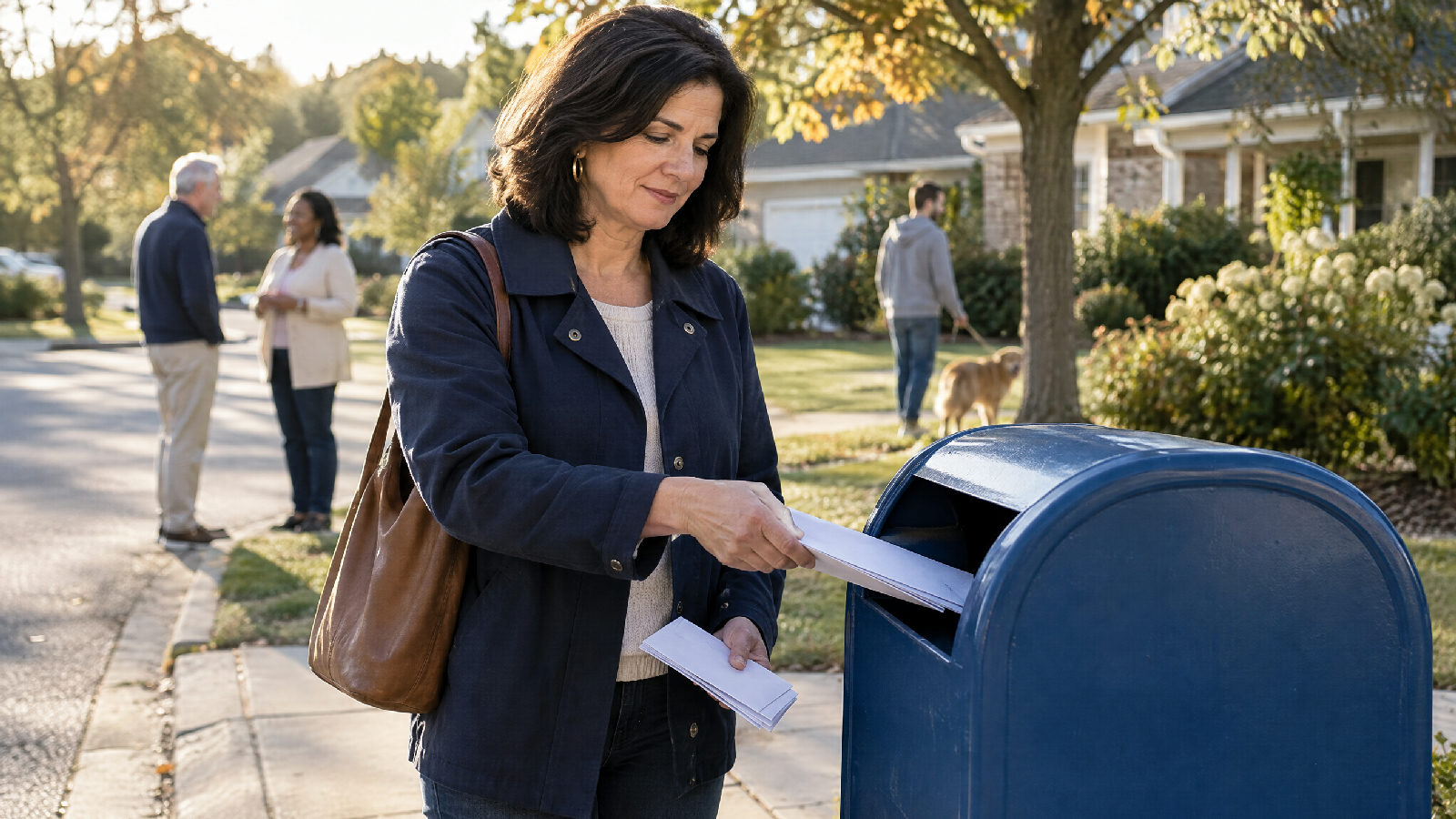 A board secretary dropping a small stack of plain envelopes into a blue curbside mailbox on a quiet suburban corner in morning light