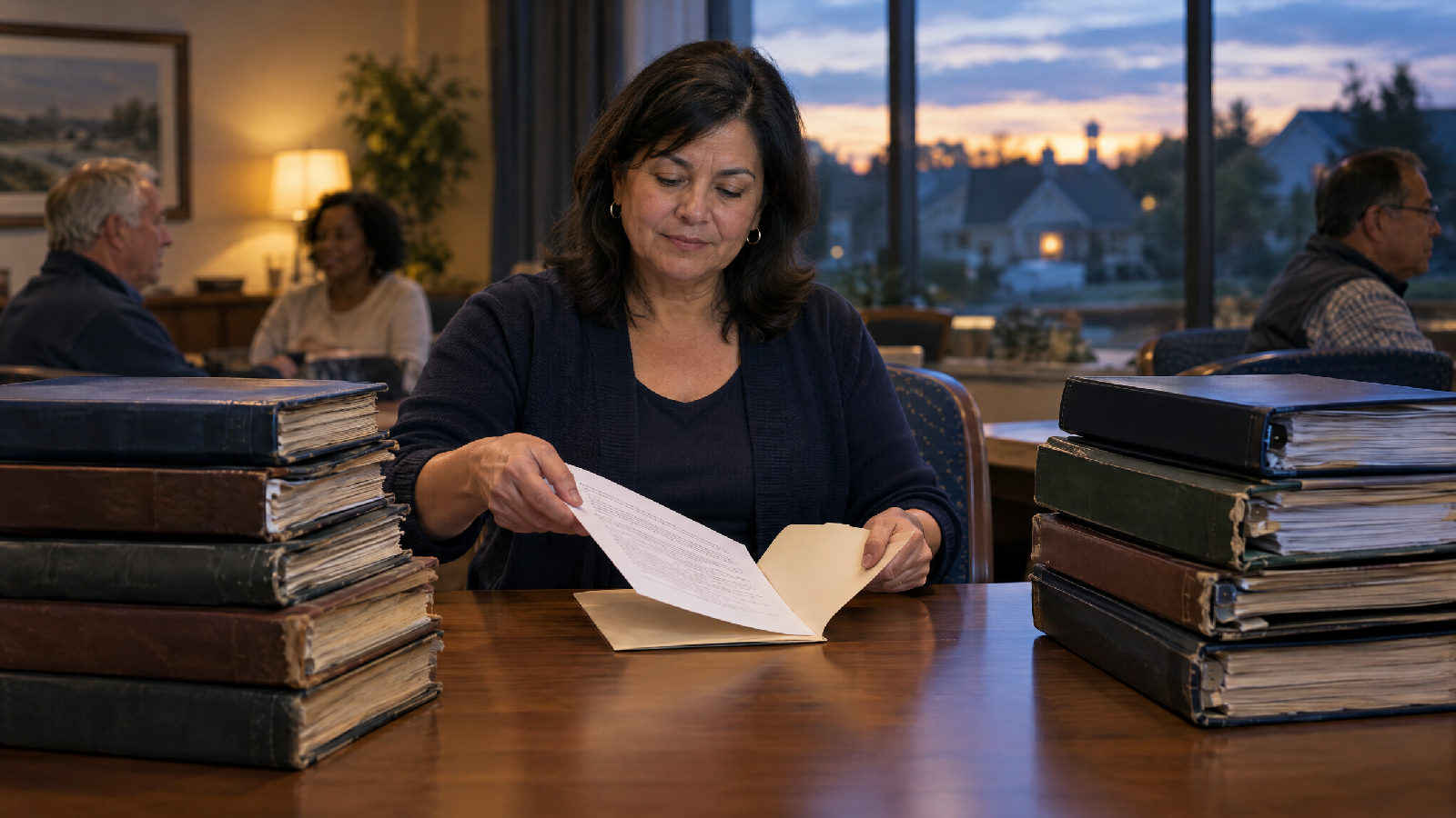A board treasurer at a clubhouse table at dusk sliding a single printed page into a plain folder, two tall stacks of old ledgers and binders beside her that she is leaving behind