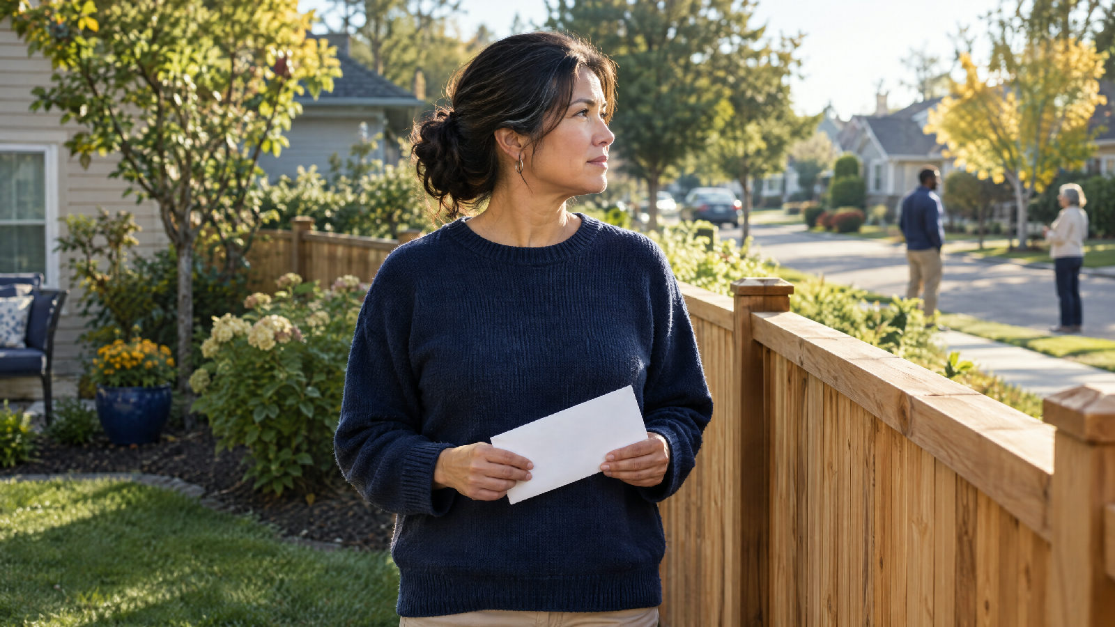 **The work is done.** Now the owner wants the deposit back, and the clock has started. A homeowner in a backyard on a sunny morning standing beside a newly finished wooden fence, holding a plain envelope and looking toward the street, no readable text