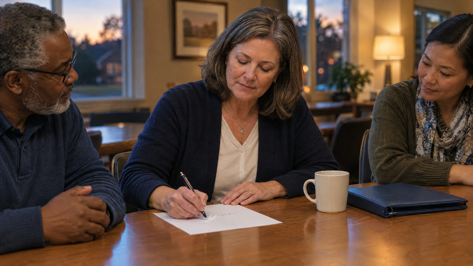 **One sentence, one date.** The reserve rule moves with the number, or the number drifts. A board secretary at a community clubhouse table writing one line on a single sheet of paper while two other directors look on, a closed binder and a mug beside her, evening light, no readable text