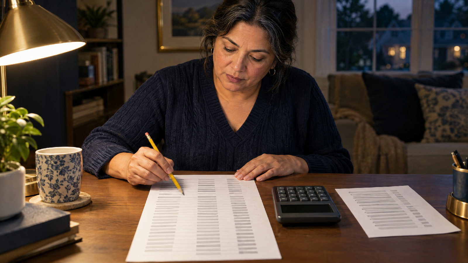 **Two lists, two totals.** The households who owe, and the households who paid ahead, never netted together. A treasurer at a home desk in the evening running a pencil down a long printed list of names, a calculator beside the page, a second short list set to the side, no readable text