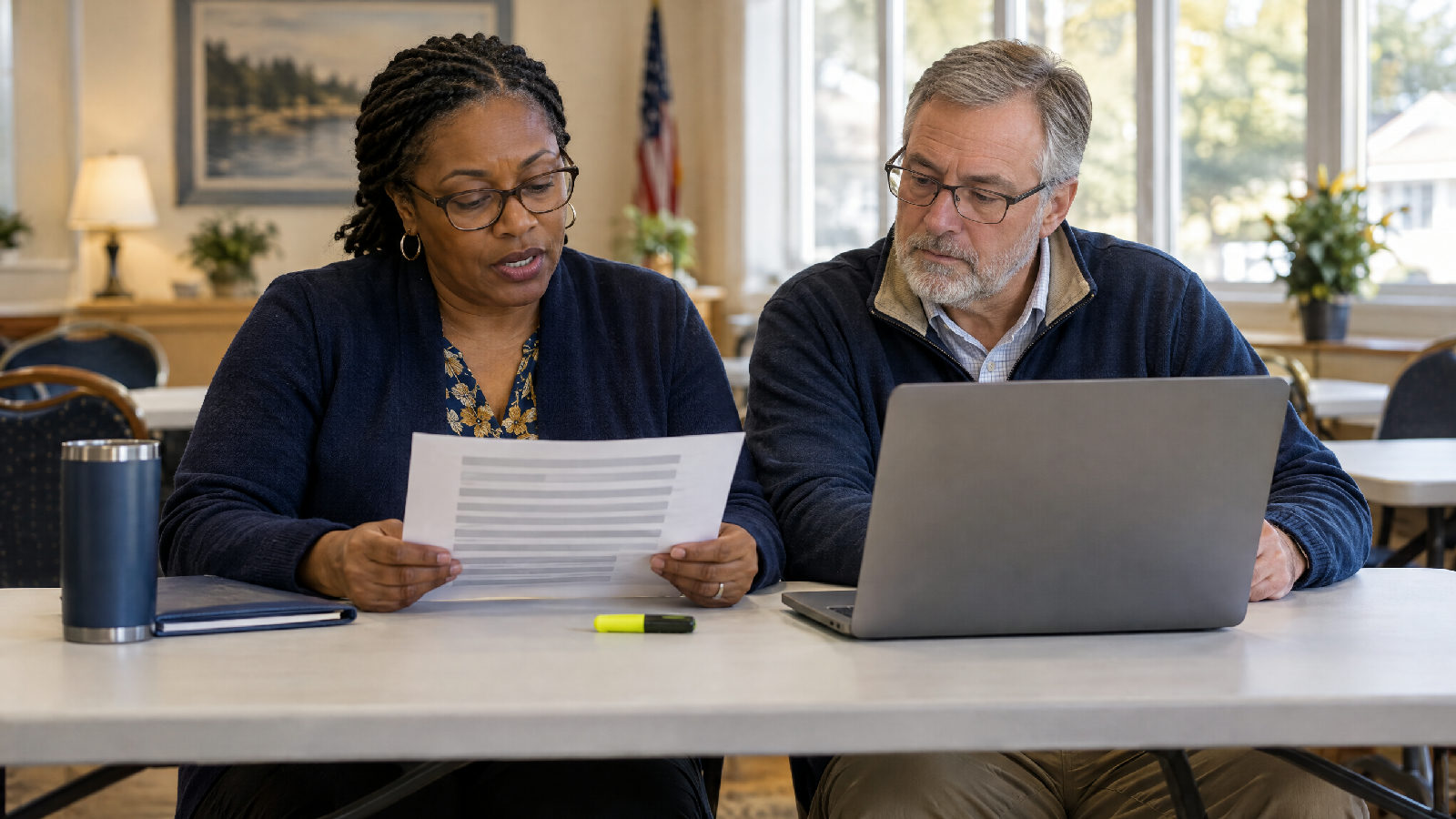 **One reads, one checks.** A balance sheet is short enough to prove line by line, out loud. Two board members at a folding table in a quiet clubhouse in the afternoon, one reading a printed list aloud while the other checks it against a laptop, a highlighter between them, no readable text