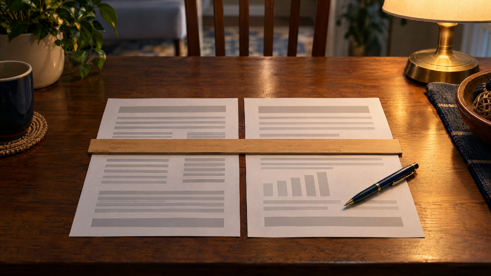 **The whole switch, on one table.** Same date, two systems, and every line must match before anything goes live. Two printed balance sheets laid side by side on a dining table under a lamp, a ruler lying across both at the same line, a pen resting on the right-hand page, no readable text