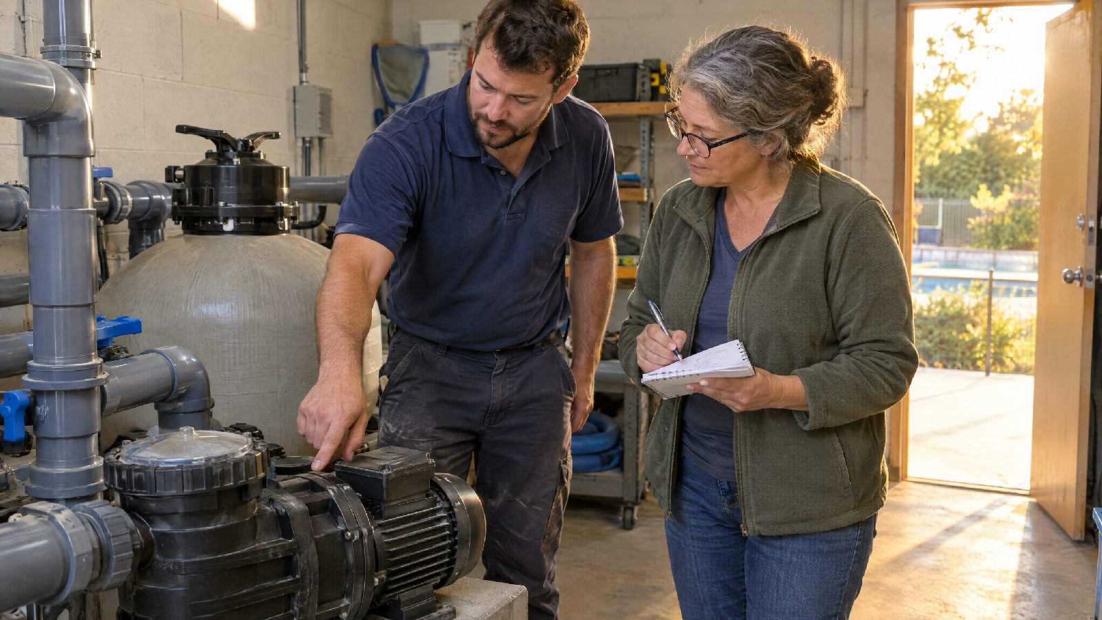 A board member and a pool contractor standing in a pool equipment room in late afternoon, the contractor pointing at a pump while the board member writes in a notebook