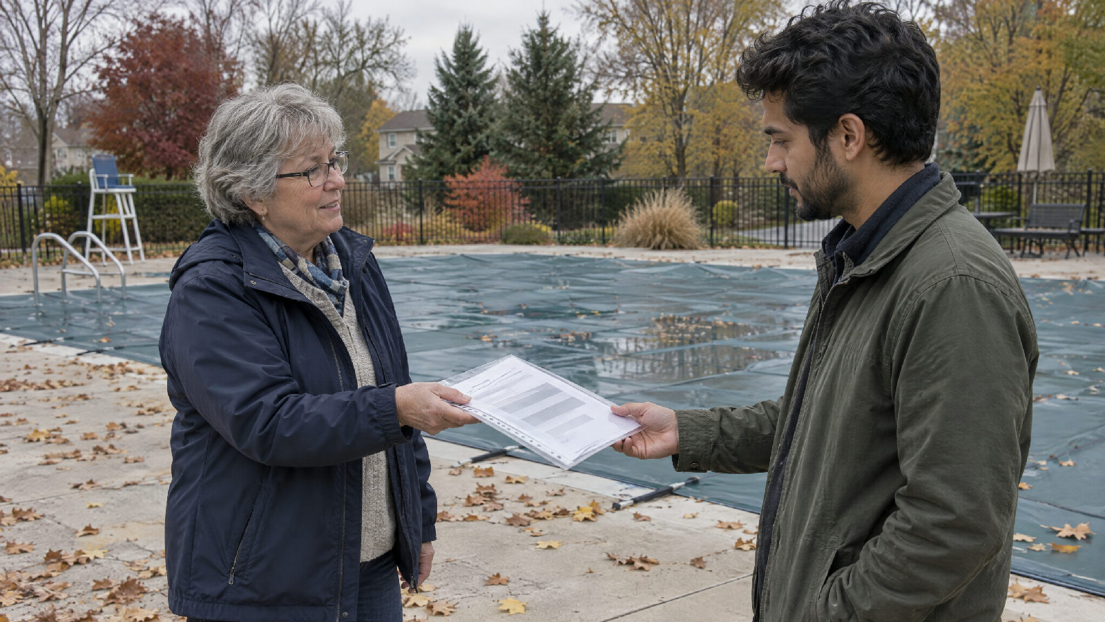Two board members standing on the deck of a closed community pool on a grey autumn afternoon, the outgoing member handing a thin clear plastic document sleeve to the newer one, fallen leaves on the deck