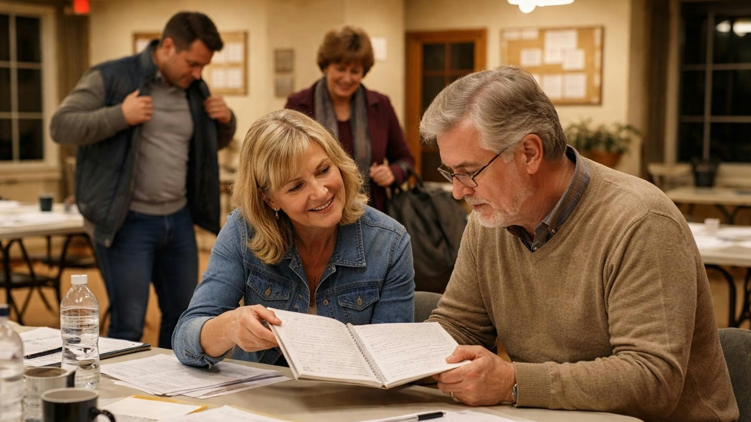 In a community clubhouse on a weeknight, just after a vote, a board secretary turns her open notebook toward the president, who leans in to check it while two members pull on coats