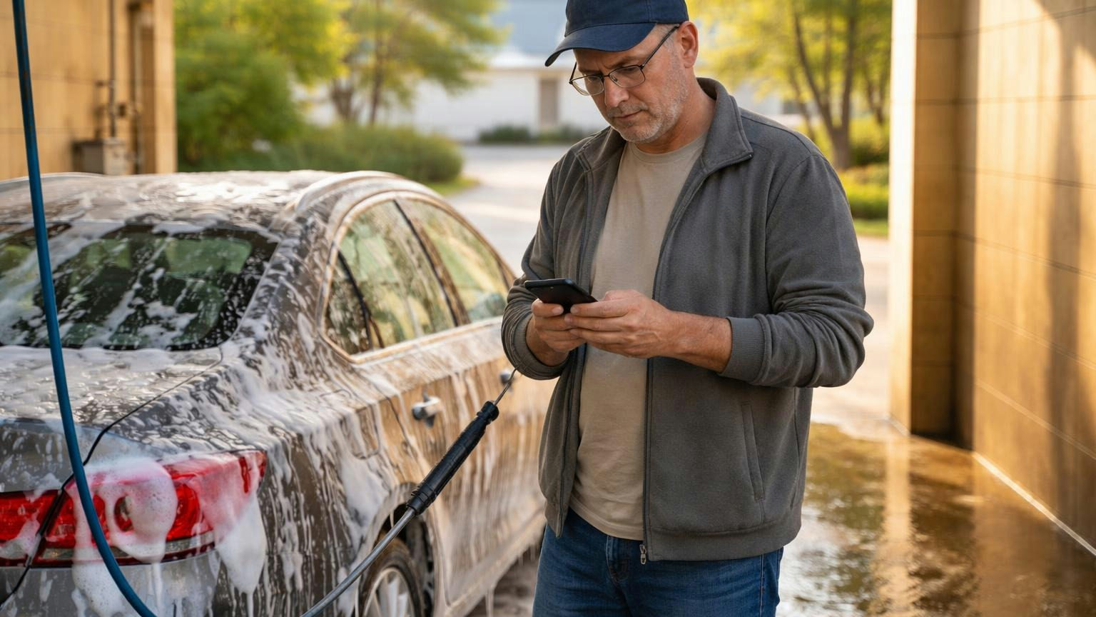 A board treasurer at a self-serve car wash bay on a Saturday morning, hose in one hand, pausing to tap a reminder on his phone with the screen turned away, suds running down his car