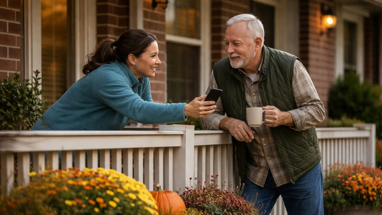 Two board members on adjoining townhouse porches on a cool morning, one leaning across the railing holding out a phone, screen facing away, while the other nods, coffee mugs in hand