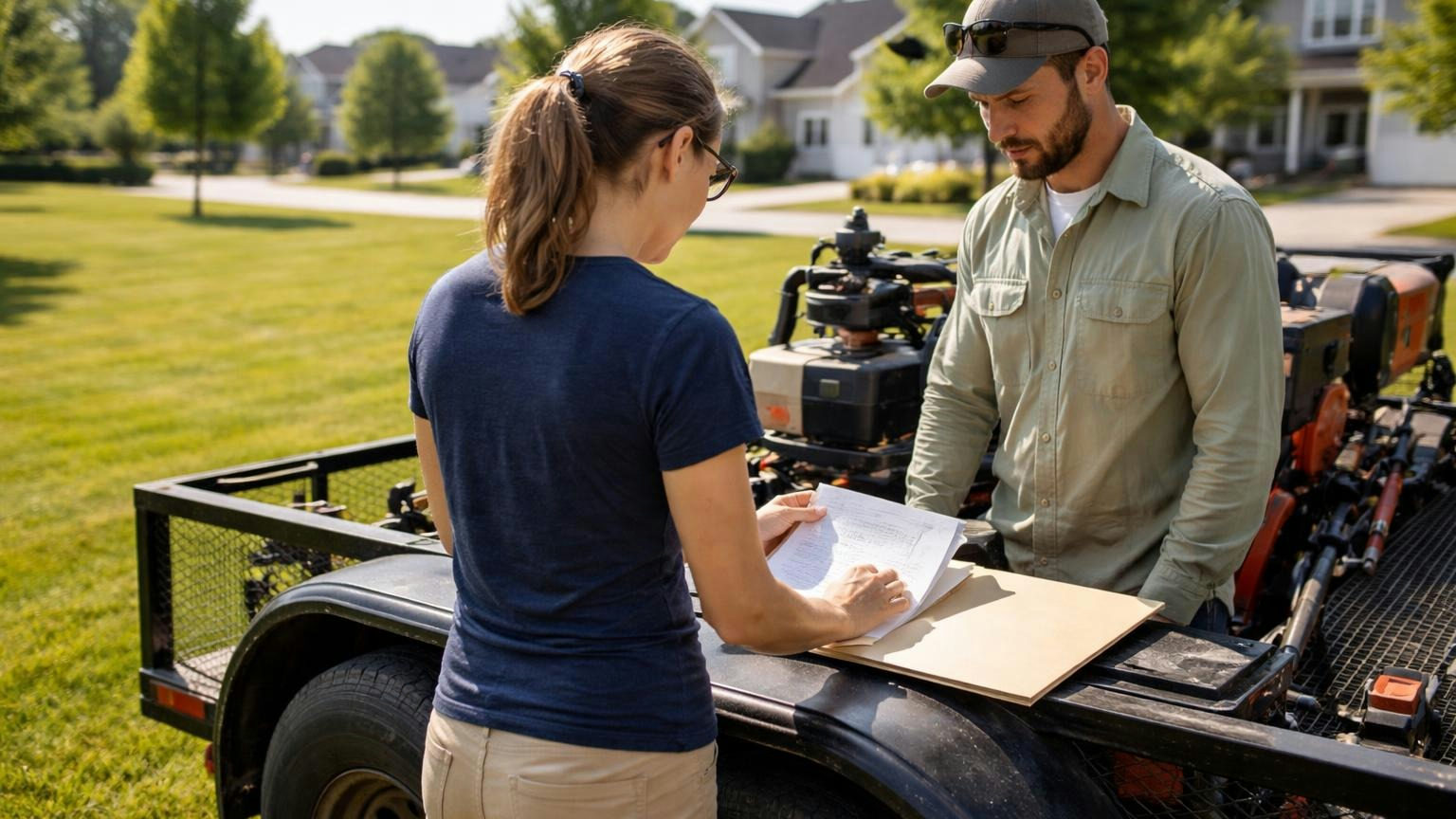 A board member at the edge of a common-area lawn on a sunny morning sliding a folded invoice from the landscaper into a slim folder on the fender of his mower trailer, the landscaper beside her