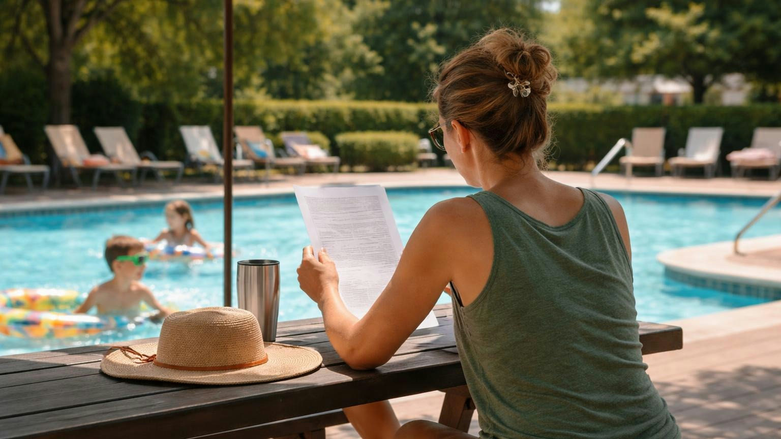 A homeowner at a shaded picnic table beside the community pool on a summer afternoon reading a single printed page, its back to the camera, while her children splash in the pool behind her
