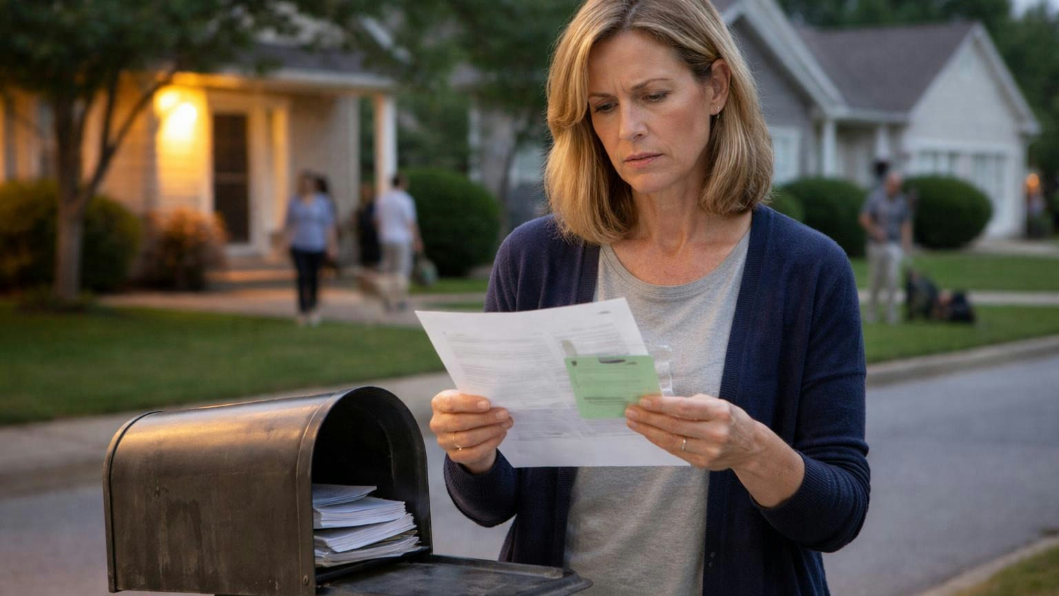 **The letter in the mailbox.** A records request is a right with rules, not a challenge to the board. A board member at her curbside mailbox on a weekday evening reading a single opened letter with a small plain green return-receipt card clipped to it, her expression serious, porch light on behind her