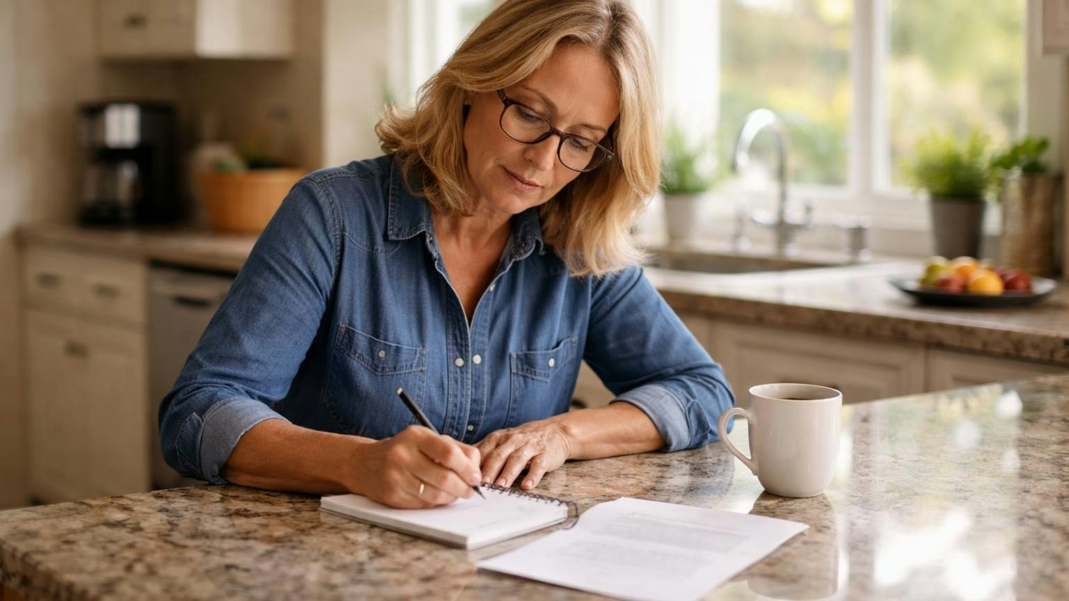**Write the date it arrived.** Every clock starts with the request, so its date is the first record. A board member at a kitchen counter in the morning writing a line in a small spiral notebook beside an opened letter, a coffee mug next to her and morning light from a window