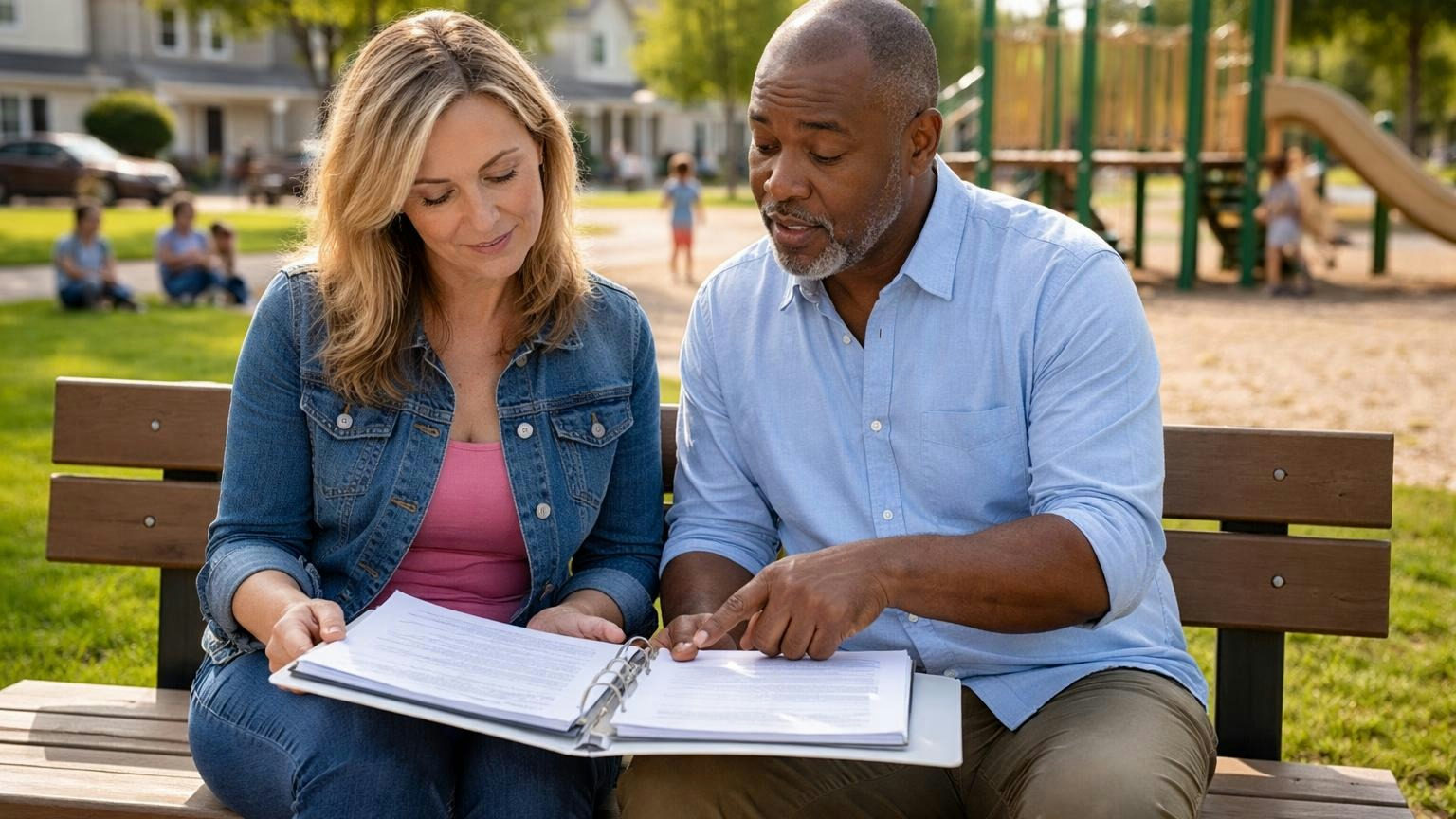 **The answer, on time.** A records request that ends with an owner reading, not a dispute. A homeowner on a bench beside a neighborhood green on a sunny afternoon paging through a thin three-ring binder while a board member seated beside her points to a page, a playground behind them
