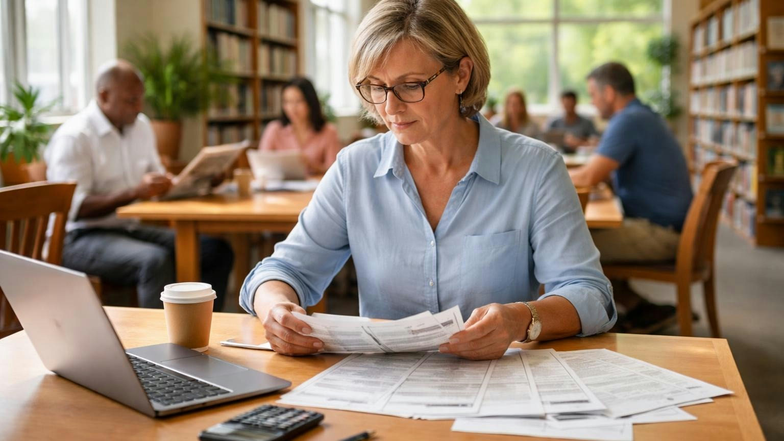 **More than the minutes.** The statutes reach the invoices and the bank statements too. A board treasurer at a public library study table on a weekday afternoon laying out a fan of bank statements and paid invoices beside a closed laptop, sunlight through tall windows
