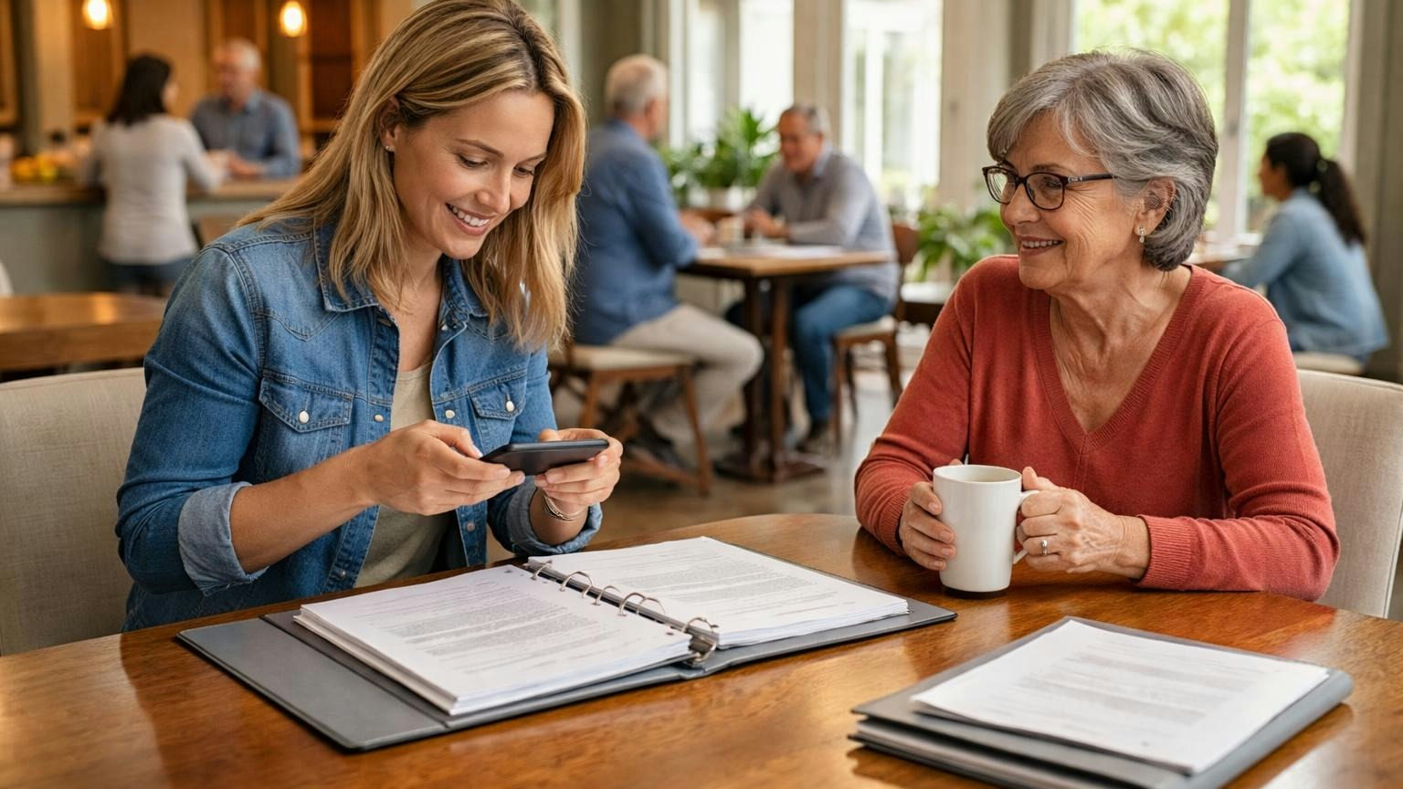 **Copies by phone.** In Florida, an owner who photographs the records owes the association nothing for it. A homeowner at a community clubhouse table photographing the pages of an open binder with a phone while a board member sits across from her with a mug of coffee