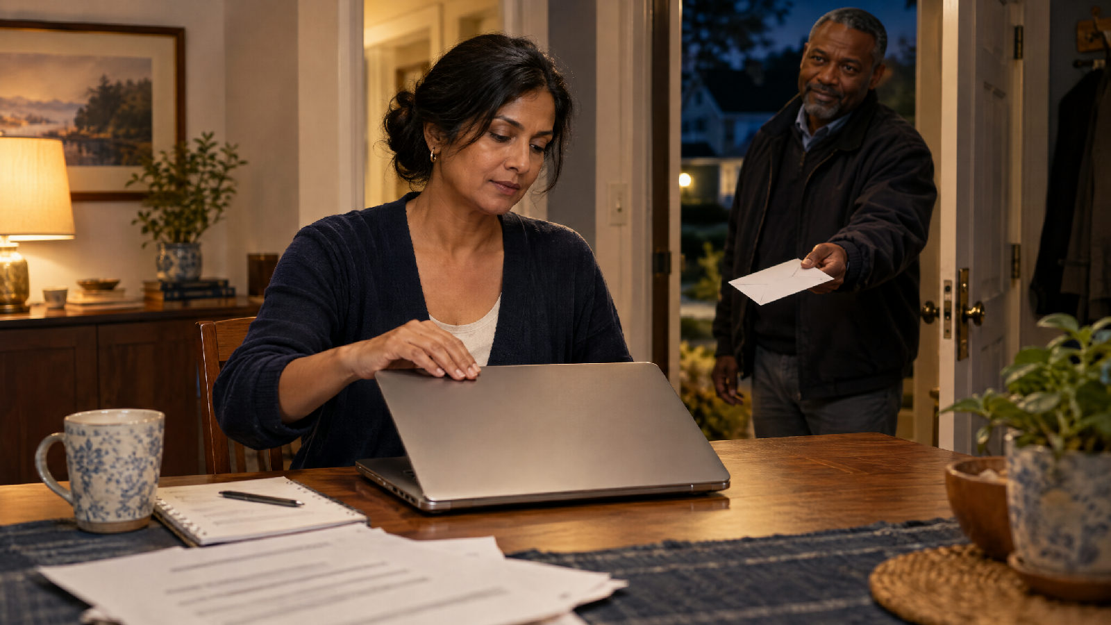 A board treasurer at her kitchen table late at night closing an old laptop as a neighbour in the open doorway holds out a sealed envelope toward her