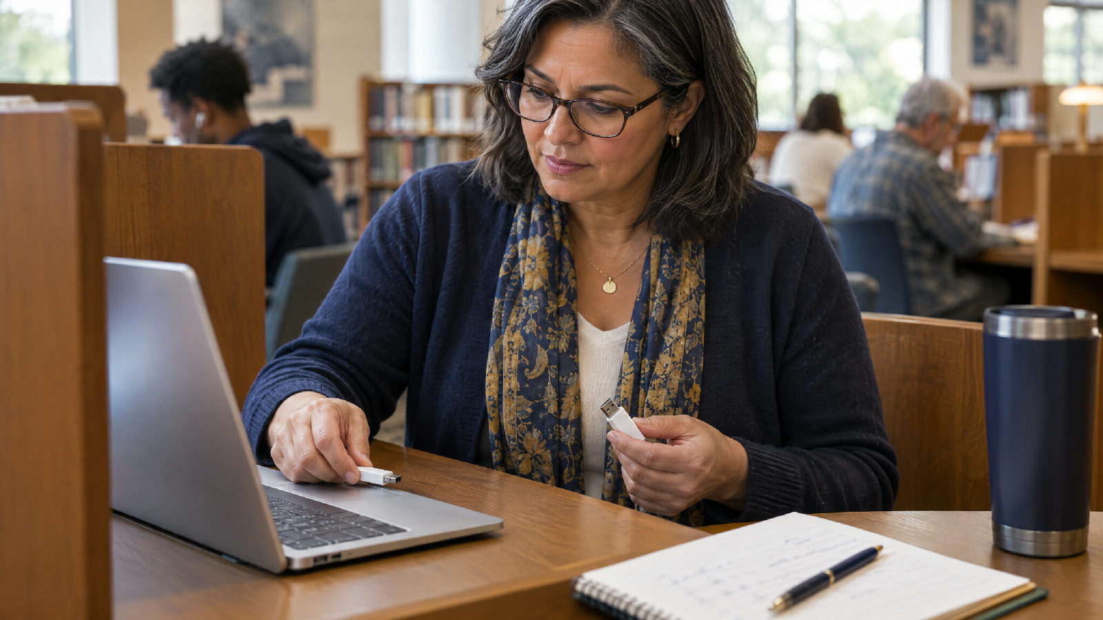 **Two copies the board controls.** Readable without the old software, findable by whoever holds the seat next. A board member at a public library study carrel plugging a small USB drive into a laptop while holding a second identical drive in her other hand
