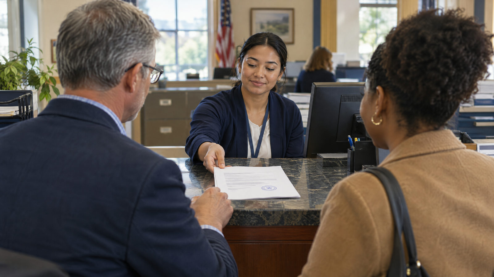 **A policy in writing.** The board decides how long each record is kept, and records that decision where owners can find it. Two board members at a county recorder's office counter on a weekday morning, a clerk sliding a freshly stamped document back across to them
