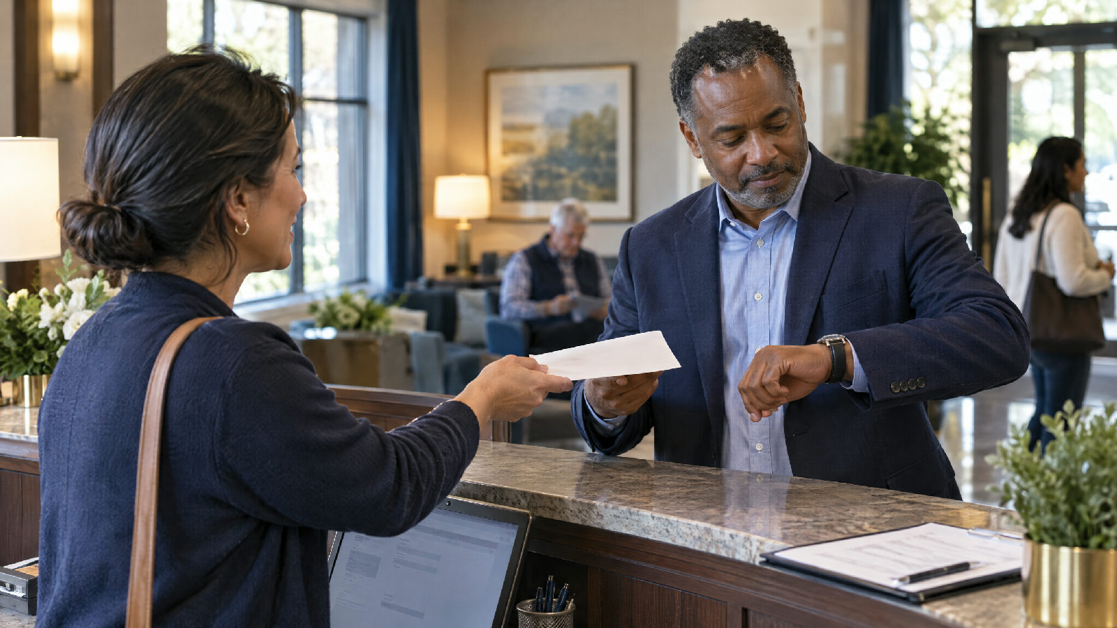 **A written request starts the count.** The deadline does not care which system the record used to live in. A homeowner at a clubhouse front desk on a weekday morning handing a sealed envelope to a board member, who glances down at his wristwatch as he takes it
