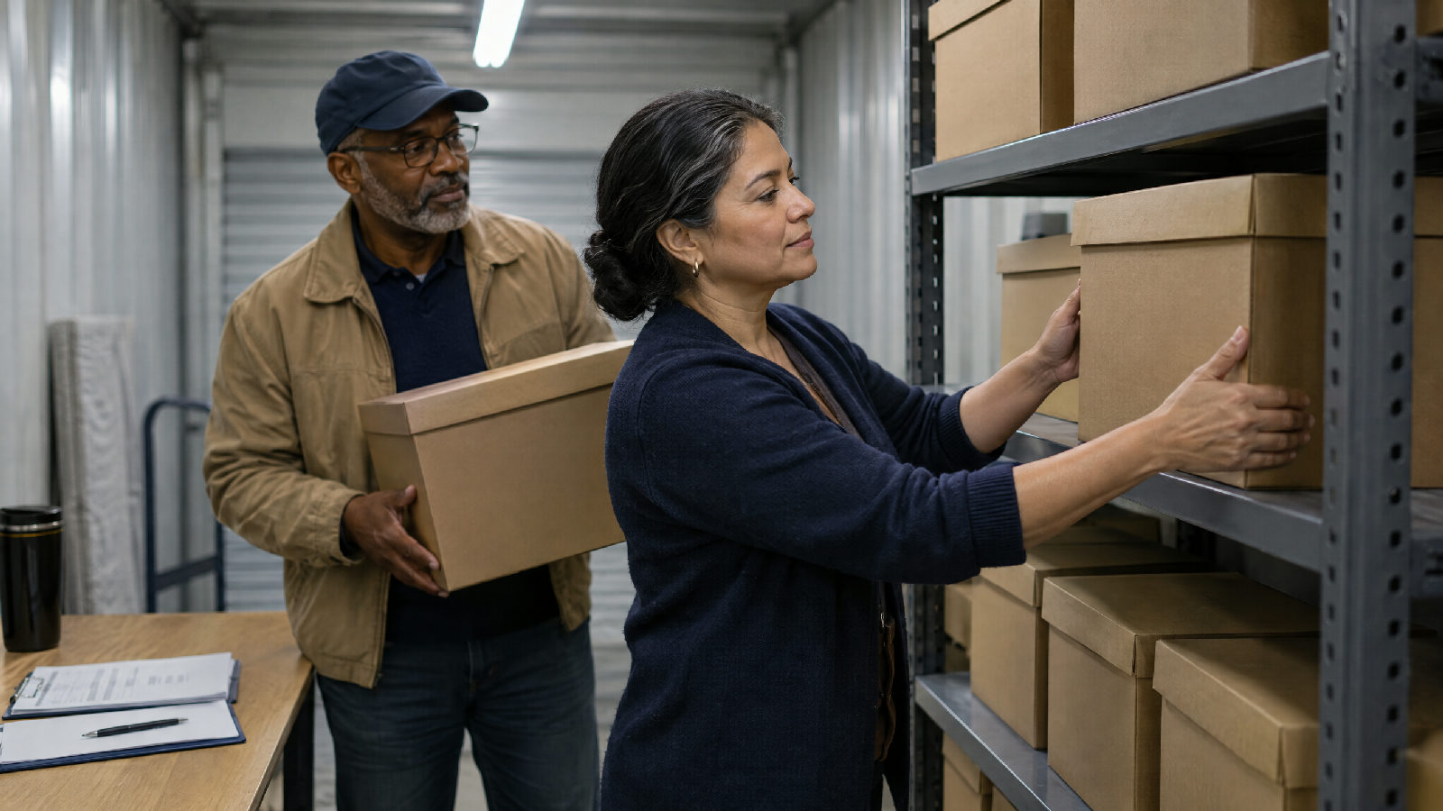 **Six drawers, not one migration.** Most of what a board must keep is closed history, and closed history can be archived. Two board members in a self-storage unit under fluorescent light sliding plain unmarked archive boxes onto a metal shelf