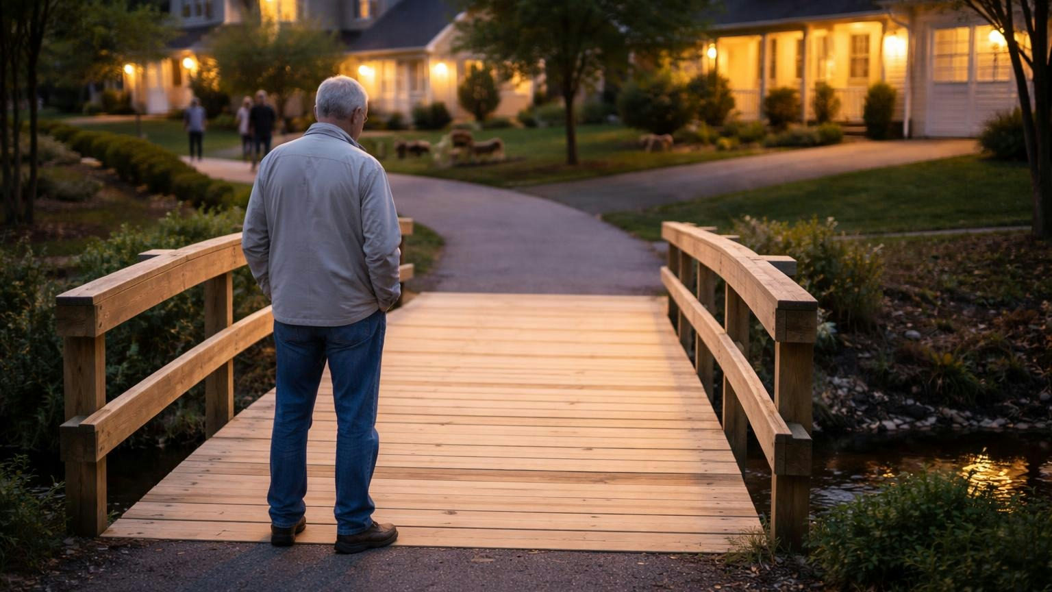 **The question on the walk.** Everyone can see the new bridge. Nobody can see what it cost. An older homeowner on an evening walk standing at a brand-new wooden footbridge over a small creek, fresh pale boards and rails, porch lights on in the houses beyond