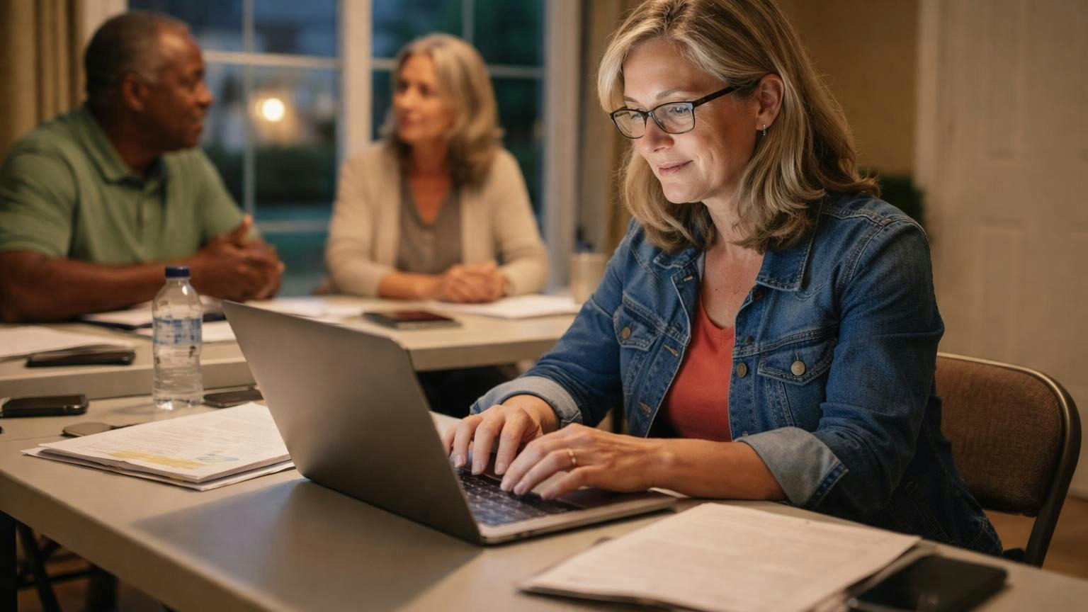 **The decision, written down.** The vote in the minutes is the line that says the board chose this. A board secretary typing on a laptop at a clubhouse table on a weeknight while two other board members talk across the table, a window behind showing dusk