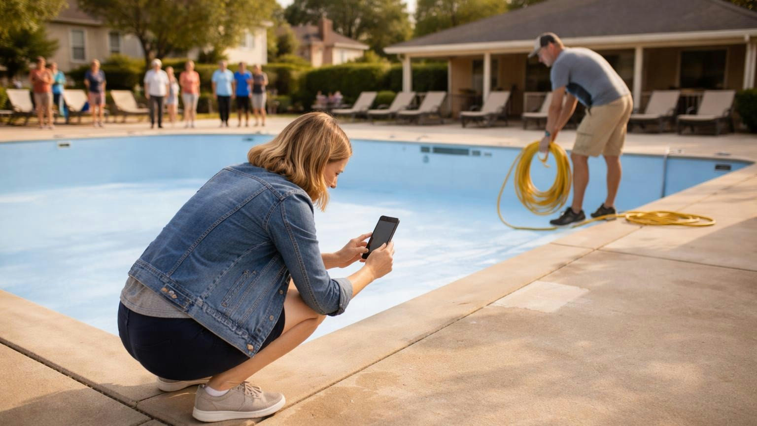**The same corner, every time.** The resurfacing photo and its warranty date belong in one folder. A board member crouched at the corner of an empty community pool, photographing the freshly resurfaced pale blue floor with her phone, a technician coiling a hose behind