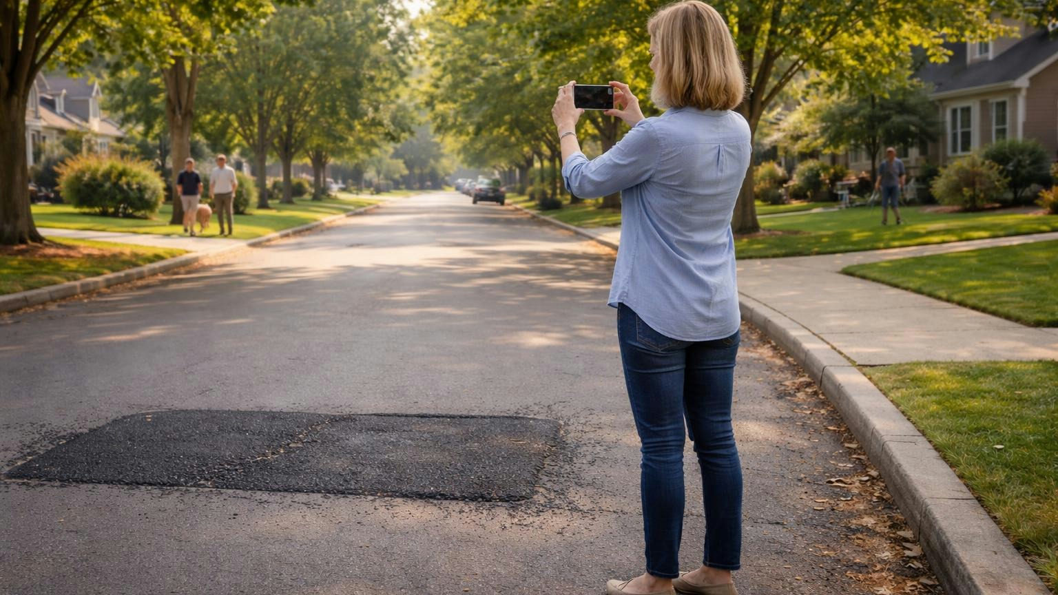 **The same spot, twice.** One photo before the patch, one after, from where she is standing now. A board member at the curb of a quiet neighborhood street on a bright morning, holding her phone up to photograph a freshly patched section of asphalt, maples and houses behind