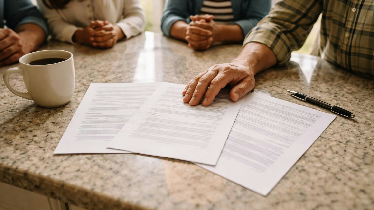 **Not just the winner.** The two you turned down are part of the answer. Three printed contractor quotes fanned out on a kitchen counter beside a mug of coffee and a pen, one board member's hand resting on the middle one while others sit around
