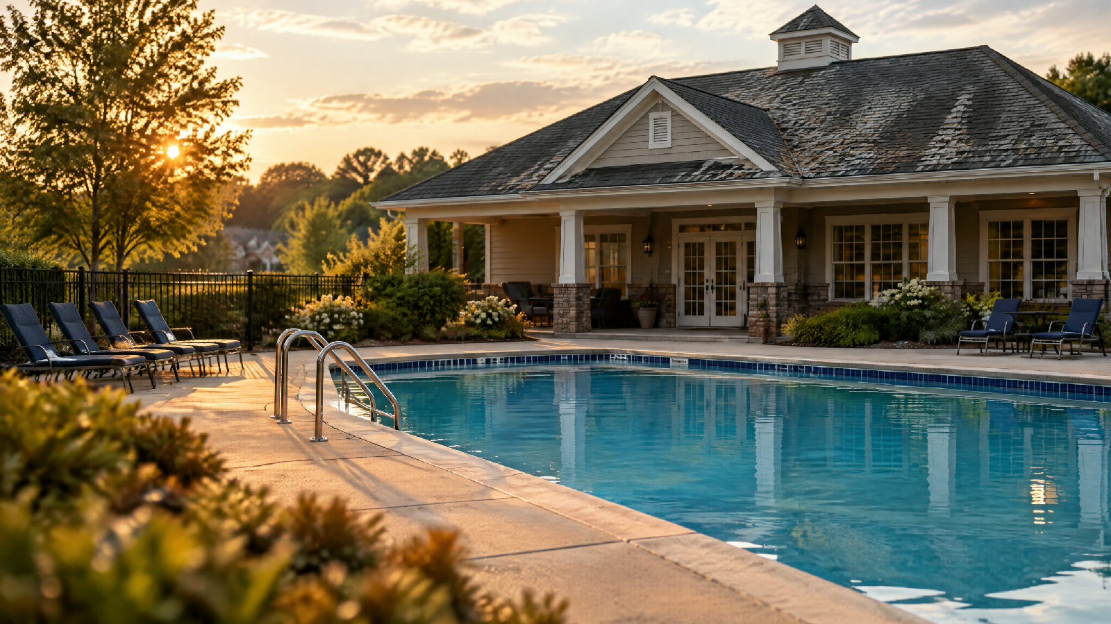 A community pool beside a clubhouse with an aging roof