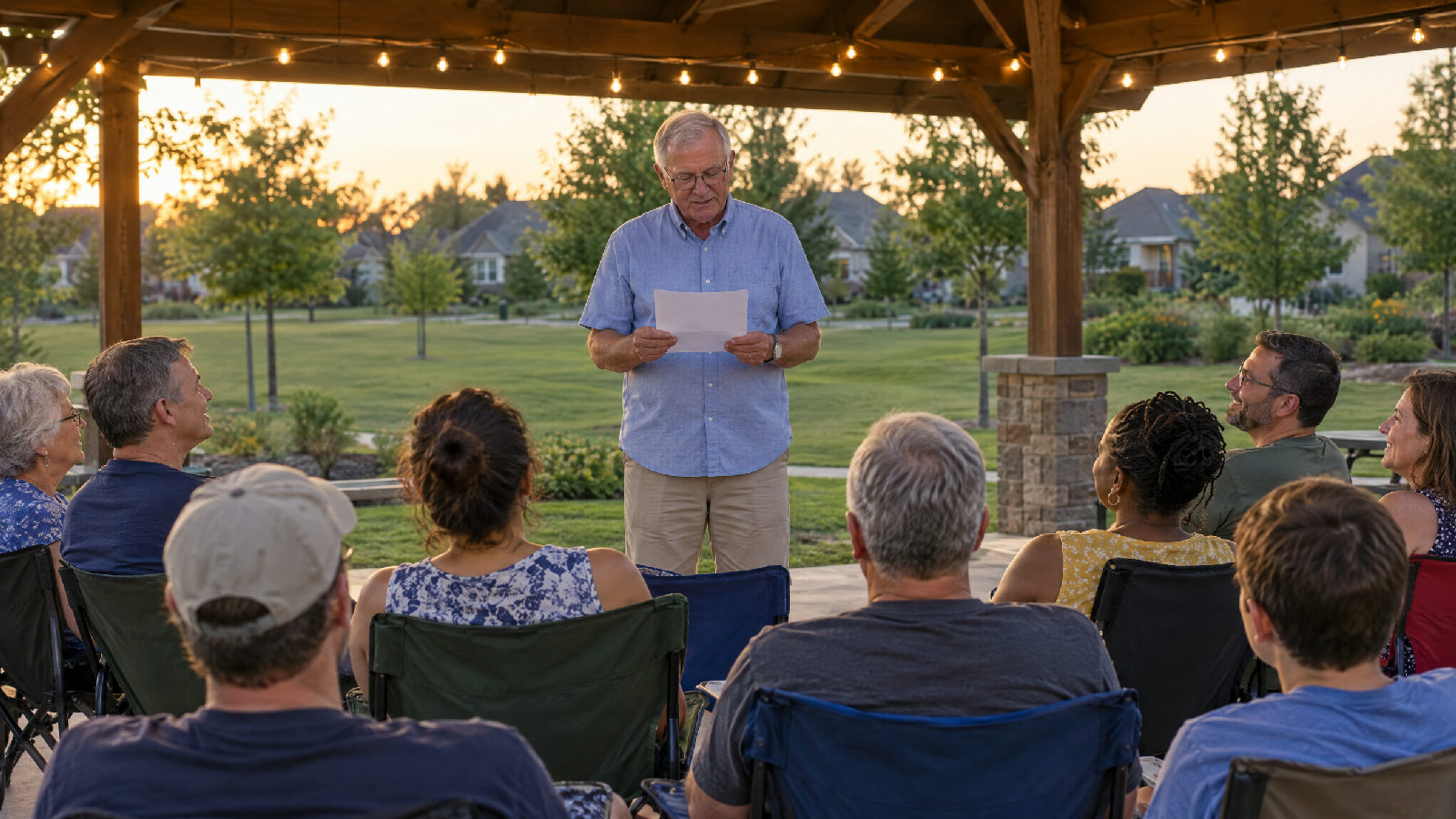 A treasurer reading from a single sheet at an evening meeting under a community pavilion while neighbours in lawn chairs nod