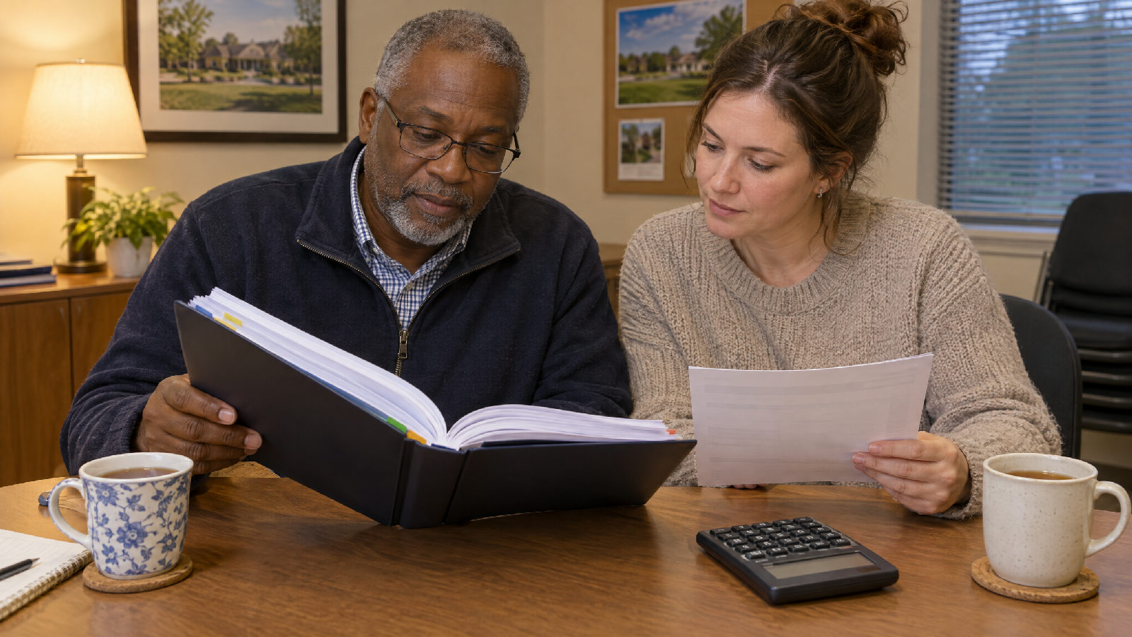 Two board members at a clubhouse office desk comparing a thick bound report with a bank statement held beside it, a calculator between them