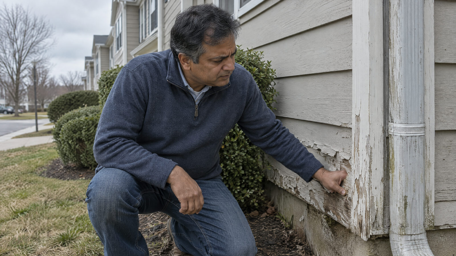 A board member pressing his thumb into soft, peeling siding at the corner of a townhome building, frowning