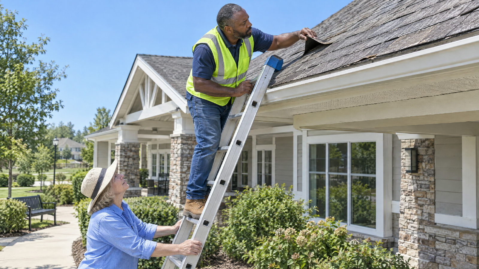 An inspector on a ladder lifting a worn shingle at the edge of a clubhouse roof while a board member steadies the ladder below