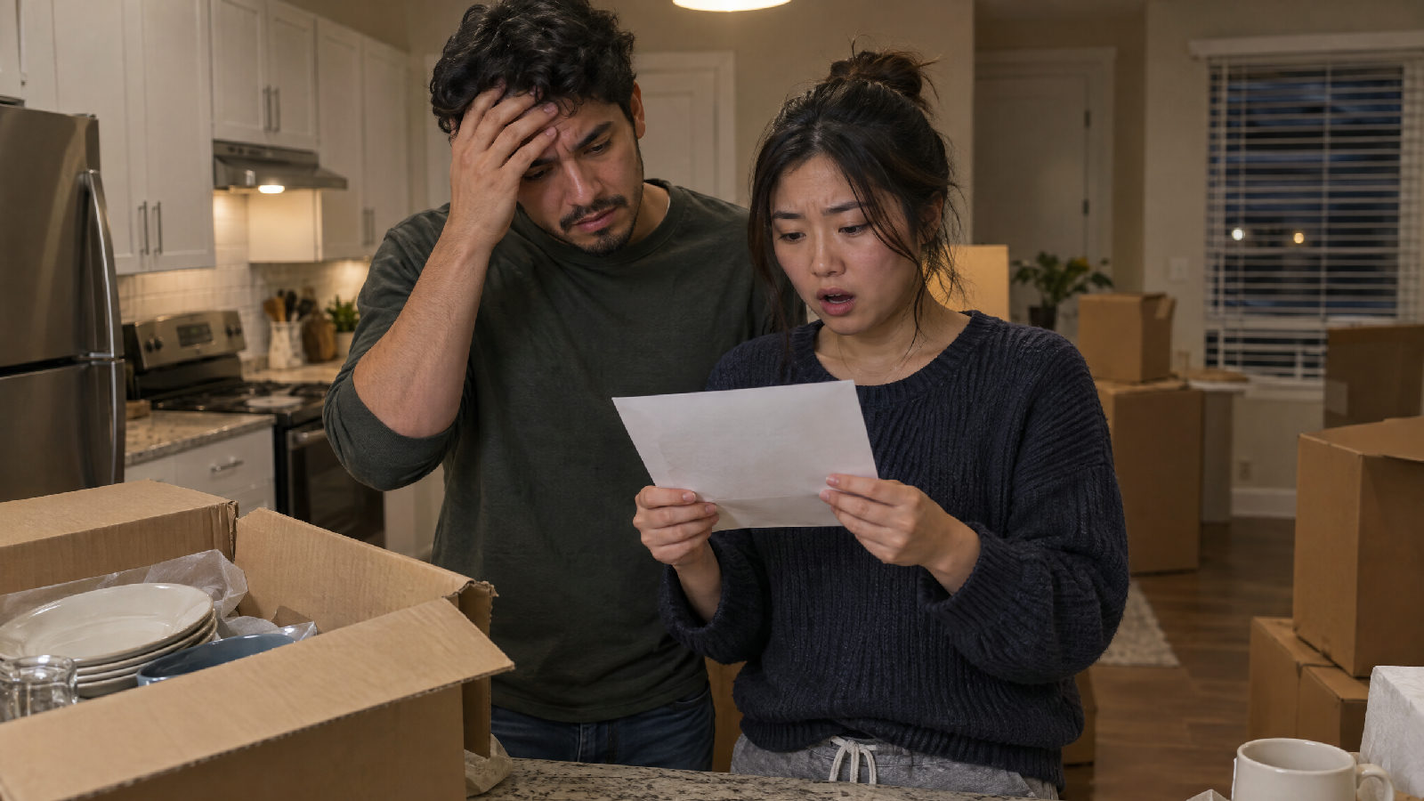 A young couple among half-unpacked moving boxes in a townhome kitchen reading an opened letter together in dismay