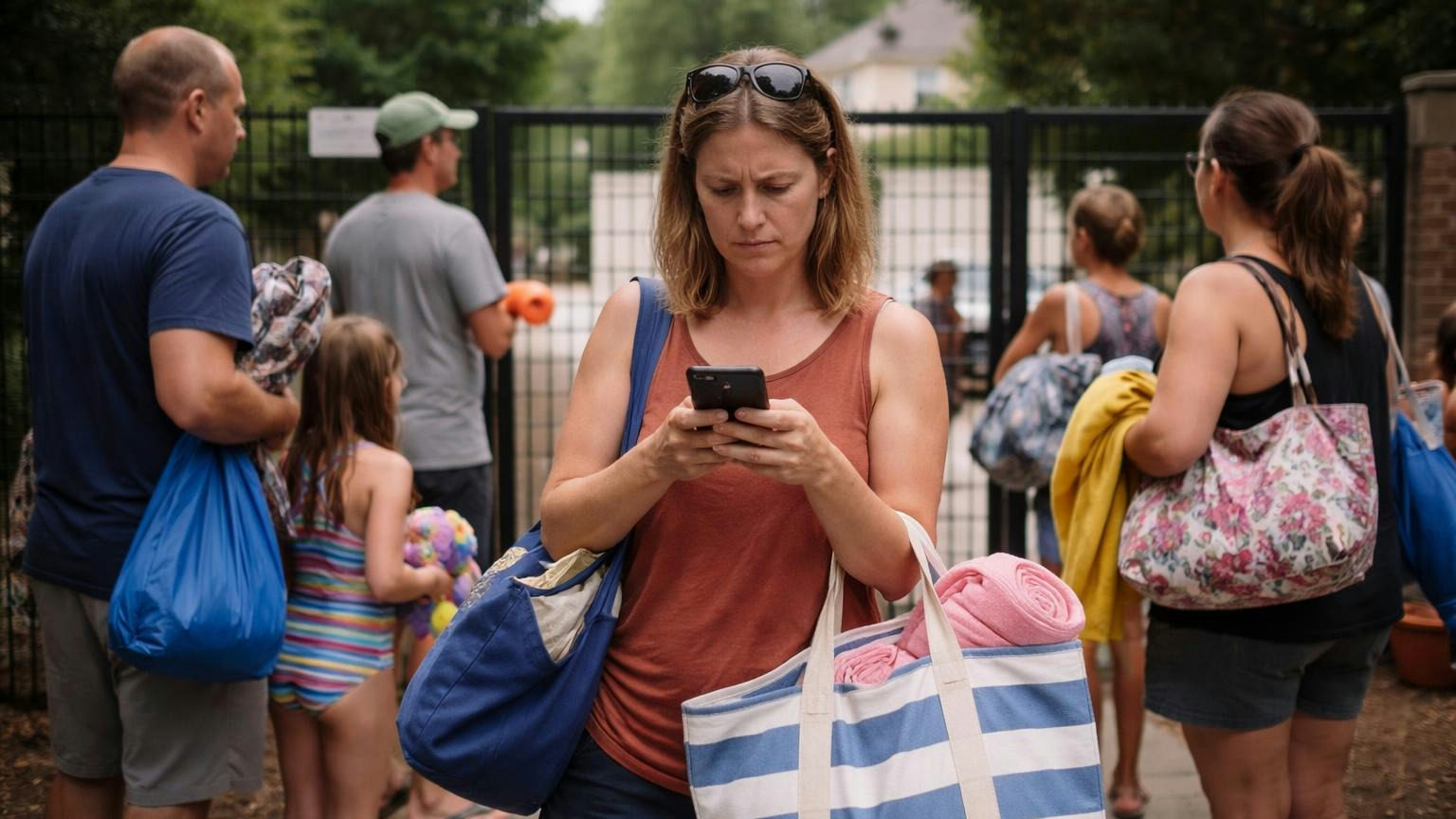 Families with pool bags and towels stopped at the closed gate of a community pool on a hot Saturday afternoon in a Carolina neighborhood, a mother frowning at her phone with its screen turned away, no readable text