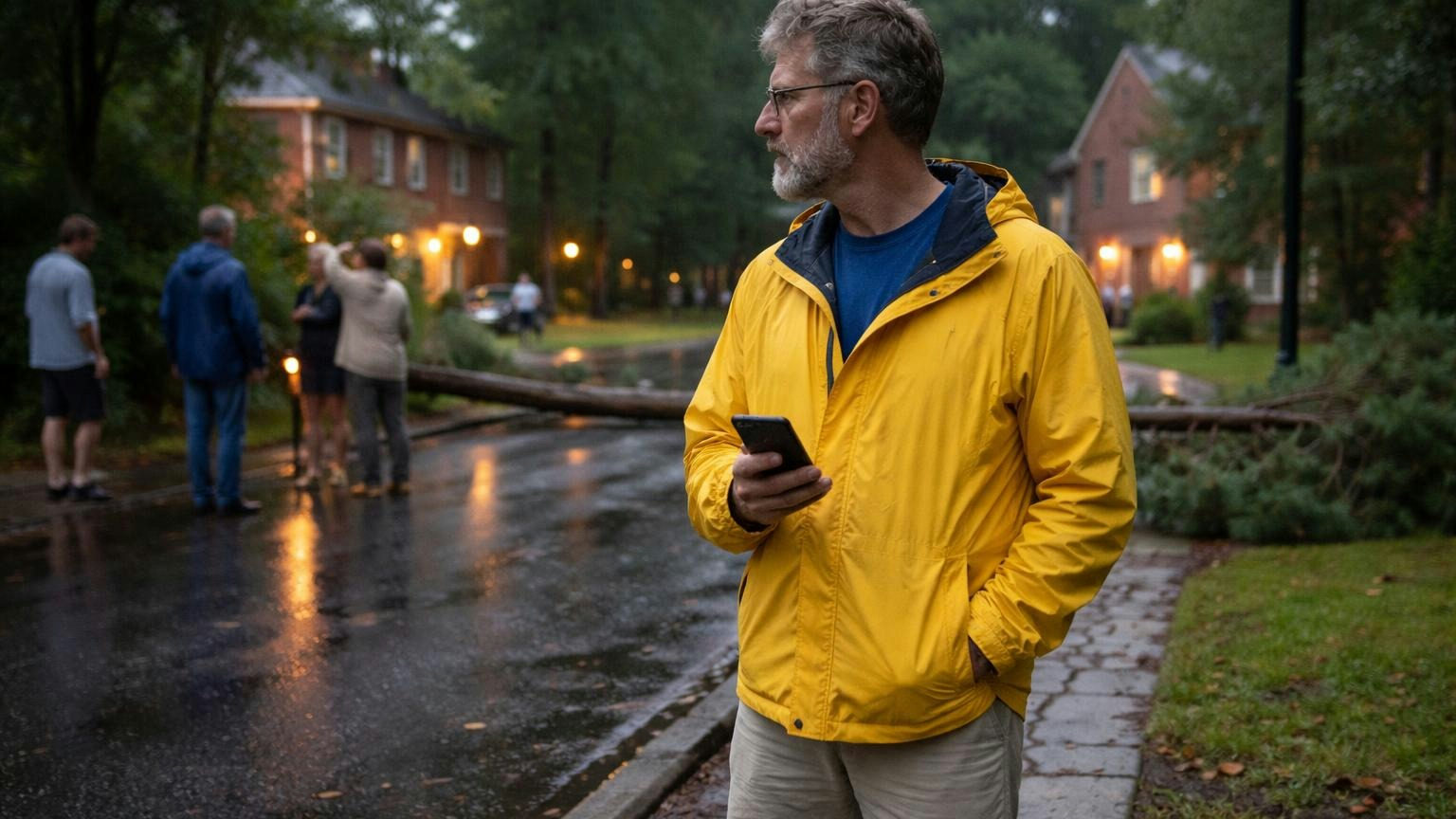 A board president in a rain jacket on the sidewalk at the neighborhood entrance after an evening storm, his phone in hand with its screen turned away, a fallen pine lying across one lane of the entrance road and wet homes behind him, no readable text