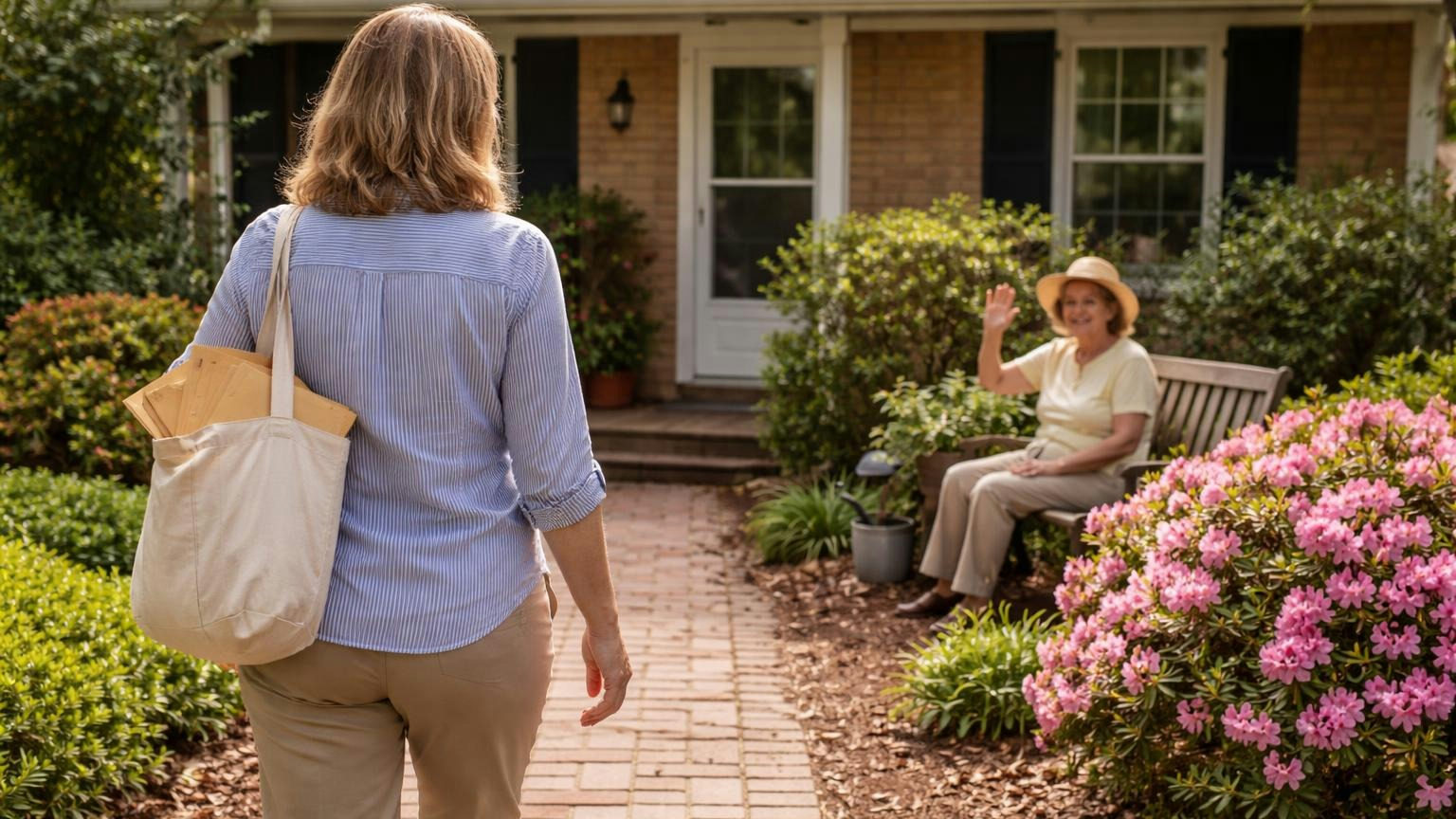 A board secretary walking up the brick front path of a one-story home on a Saturday morning, a canvas tote of plain sealed envelopes on her shoulder, an elderly neighbor in a sun hat waving from a garden bench beside the azaleas, no readable text