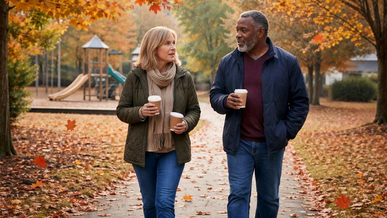 Two board members walking the community path on a crisp fall morning with coffee cups, deep in conversation as red and gold maple leaves drift down around them, an empty playground in the morning chill behind them, no readable text
