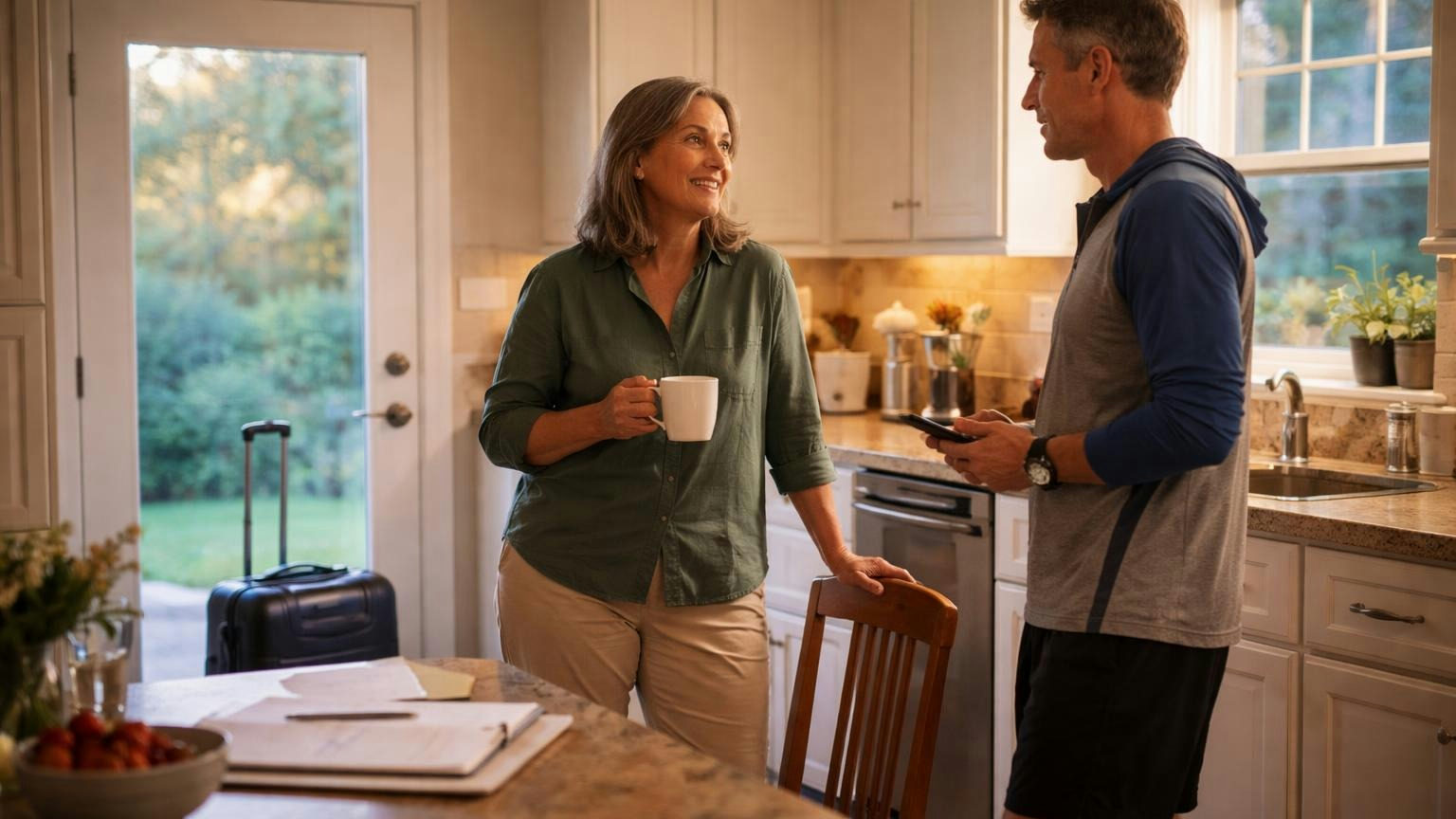 A board president in her kitchen at dawn with a mug in hand, talking with the vice president who has stopped by in running clothes, a carry-on suitcase waiting by the back door, soft light through the window, no readable text