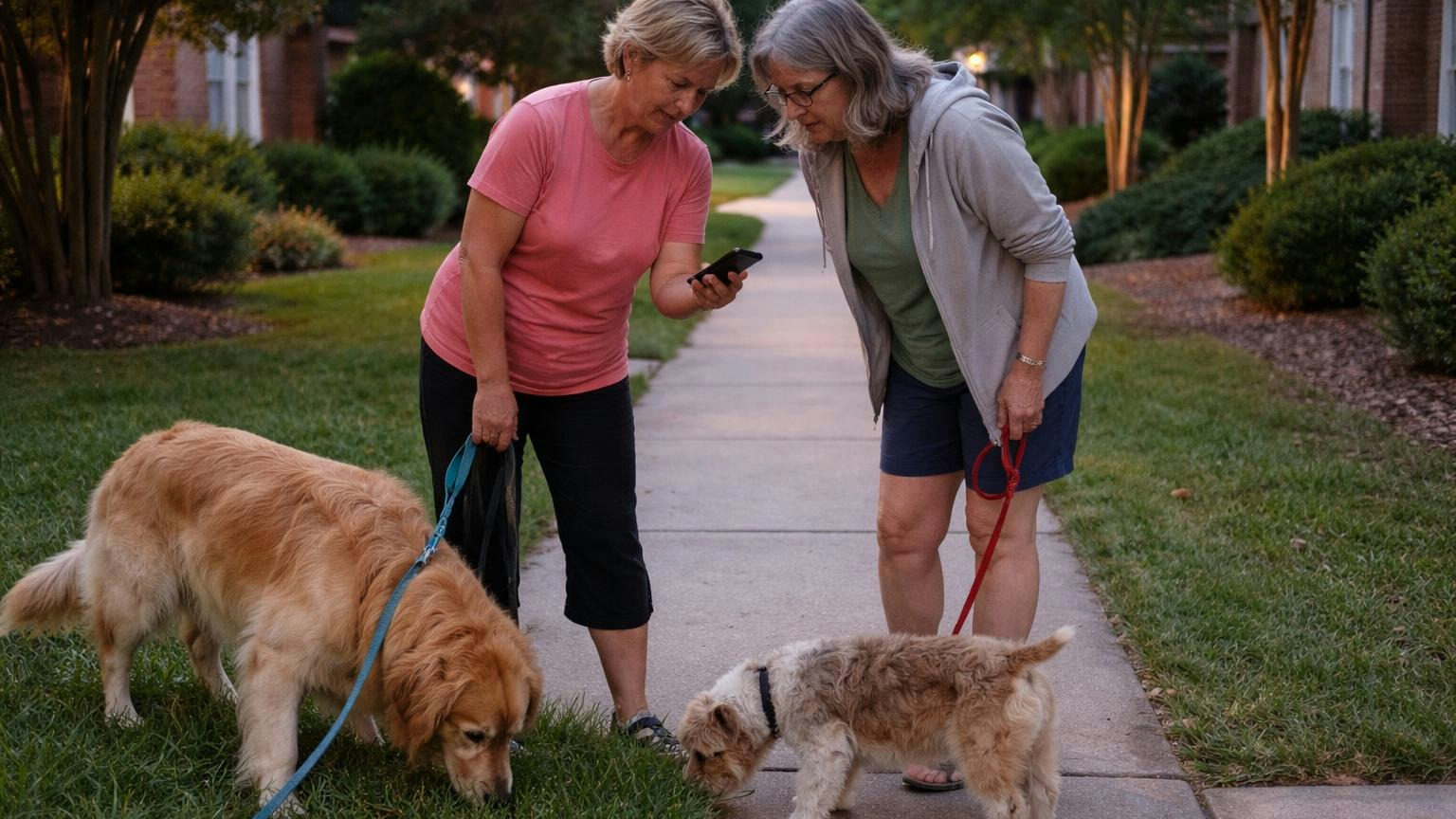 Two neighbors paused on an evening dog walk on a shaded sidewalk, one holding out her phone with its screen turned away while the other leans in to look, two dogs sniffing the grass between them, brick homes behind, no readable text