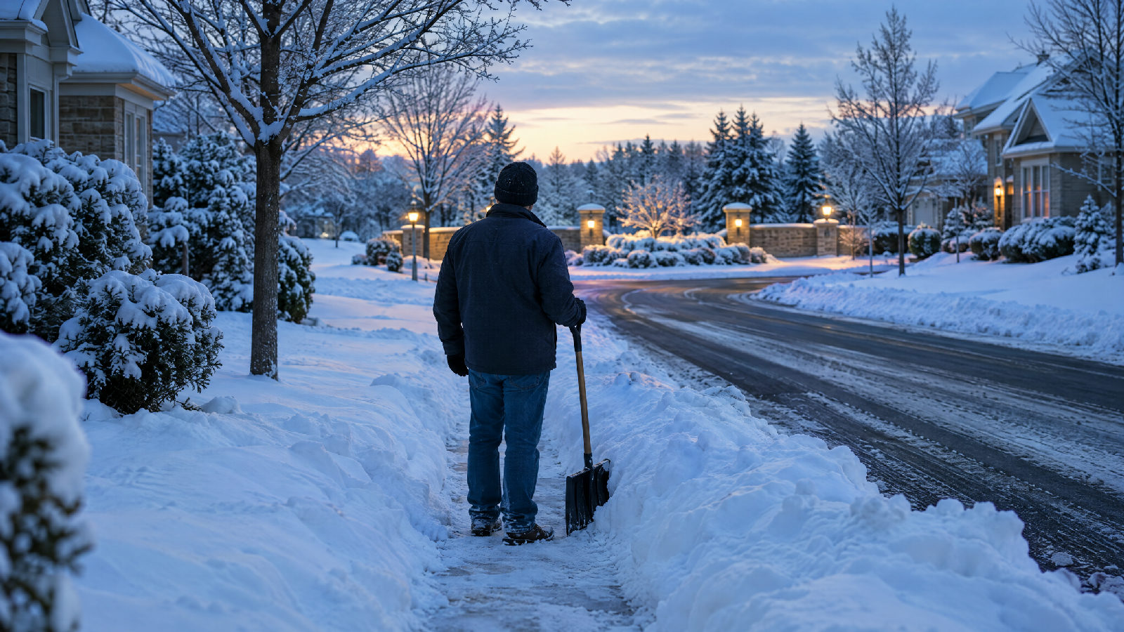 A quiet suburban HOA street at dawn after an overnight snowfall, the road plowed but the sidewalks still buried, a lone neighbour with a shovel looking down the unplowed walk