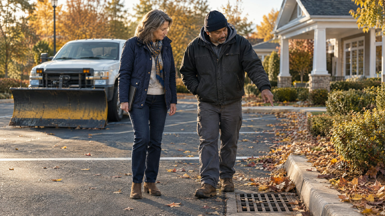 A board member and a snow contractor walk the edge of a clubhouse parking lot on a crisp autumn afternoon, the contractor pointing at a storm drain, a pickup with a plow blade parked behind them, fallen leaves, no readable text