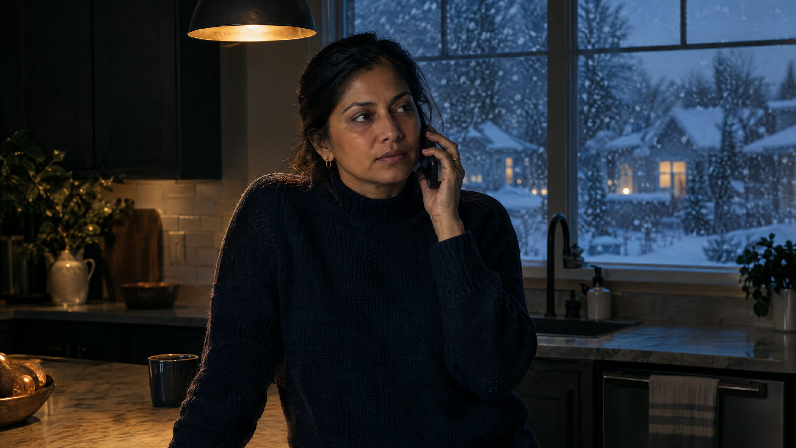A board member in a dark kitchen before dawn holds a phone to their ear, snow falling past the window behind them, a single pendant light on, the phone screen turned away, no readable text