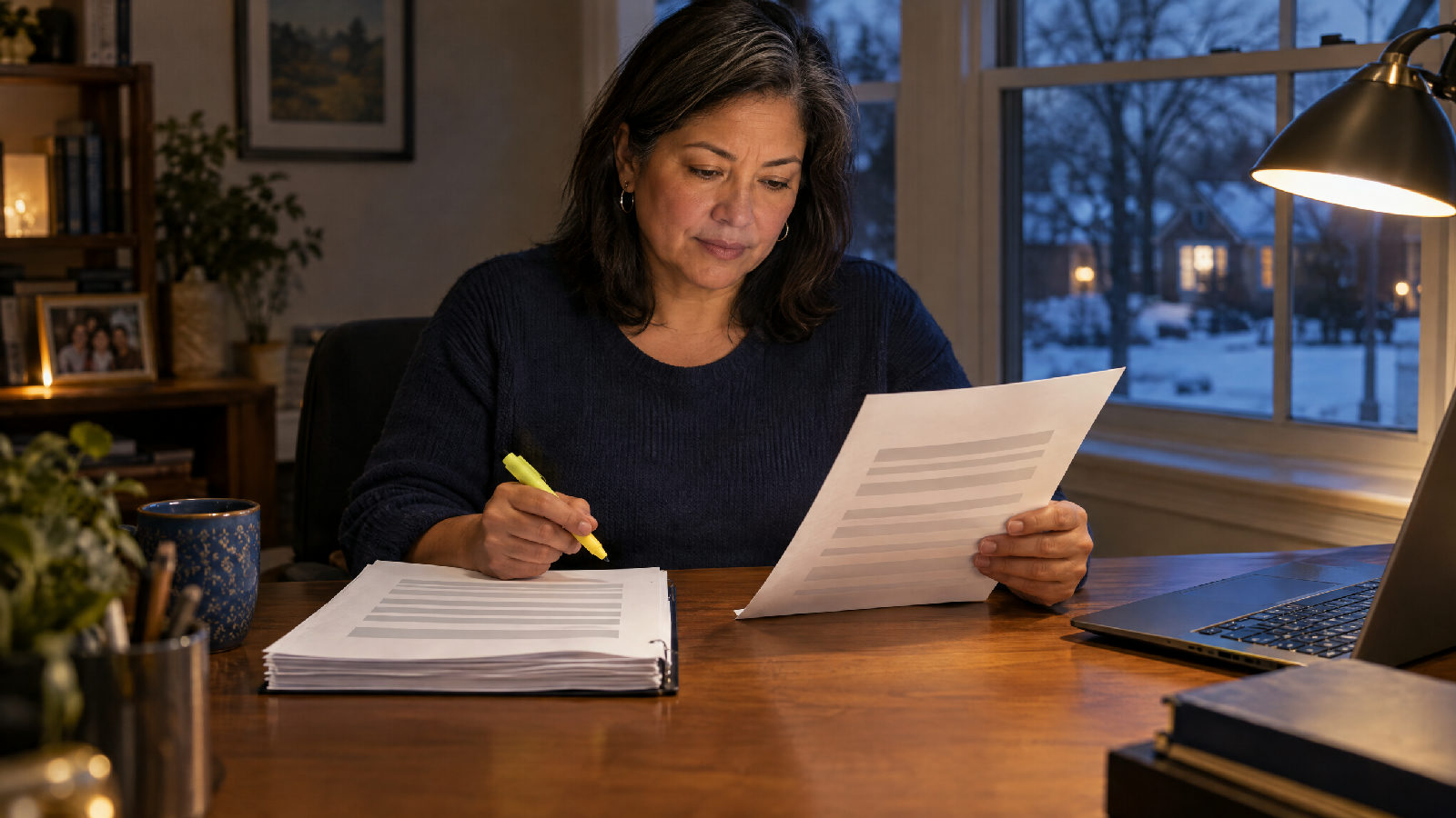 A board secretary at a home desk compares a one-page insurance certificate with a thicker policy document, a highlighter in hand under a desk lamp, winter evening outside the window, no readable text