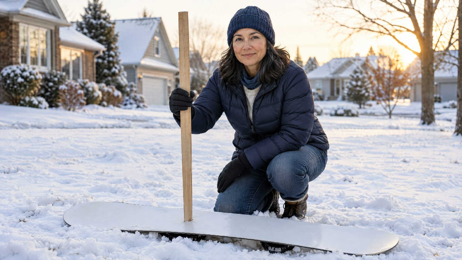 A board member crouches beside a flat snow board set on a snowy lawn in the open, holding a ruler upright in fresh snow, early morning light, houses in the background, no readable text