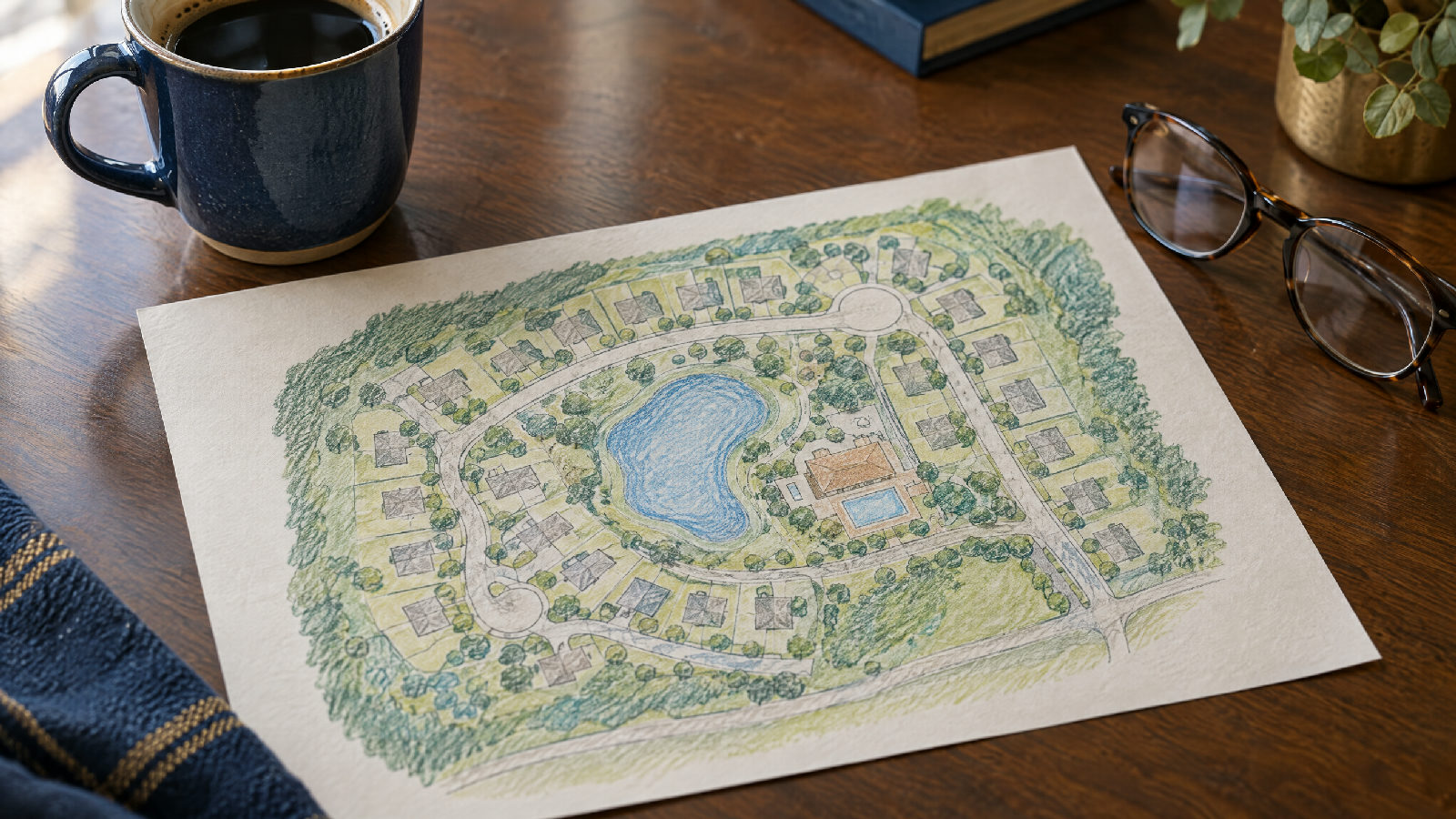 A plain hand-drawn site plan of a small neighborhood's streets, pond and clubhouse lies on a table, colored pencil shading marking areas, a cup of coffee and reading glasses beside it, no readable text