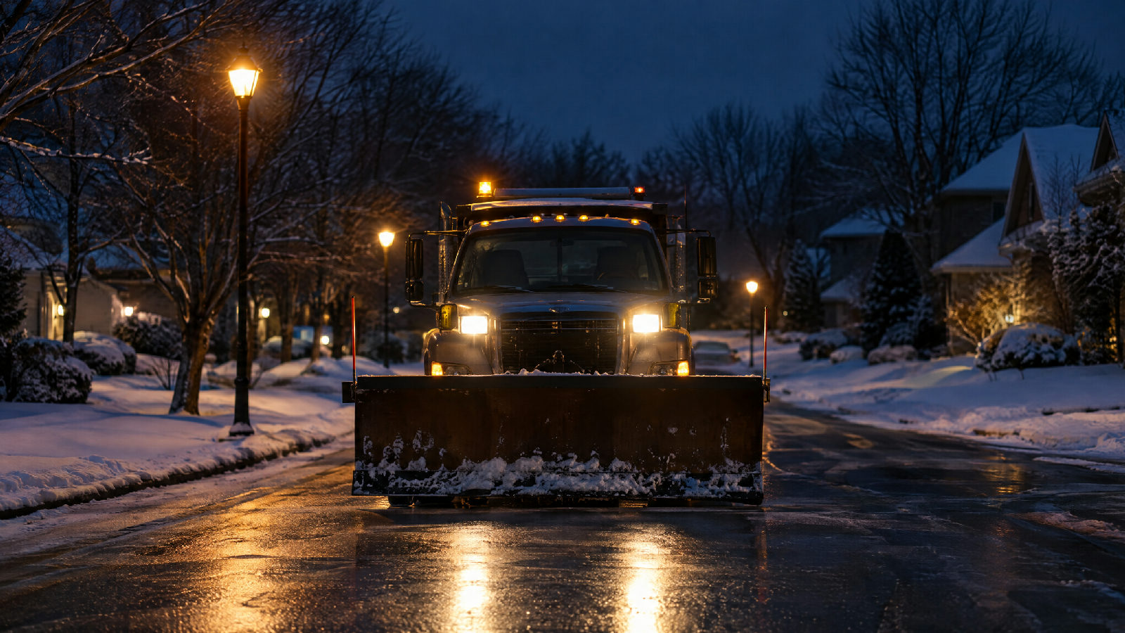 A snowplow truck with its blade down waits at the dark entrance of a quiet neighborhood before dawn, headlights on a glazed road, streetlights glowing over snow-covered lawns, no readable text