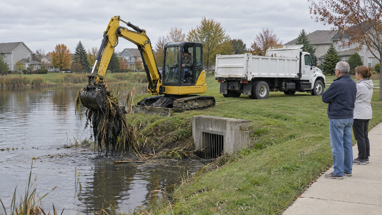 A small excavator lifts sediment and cattails from beside a neighborhood stormwater pond's outlet as two homeowners watch from the sidewalk