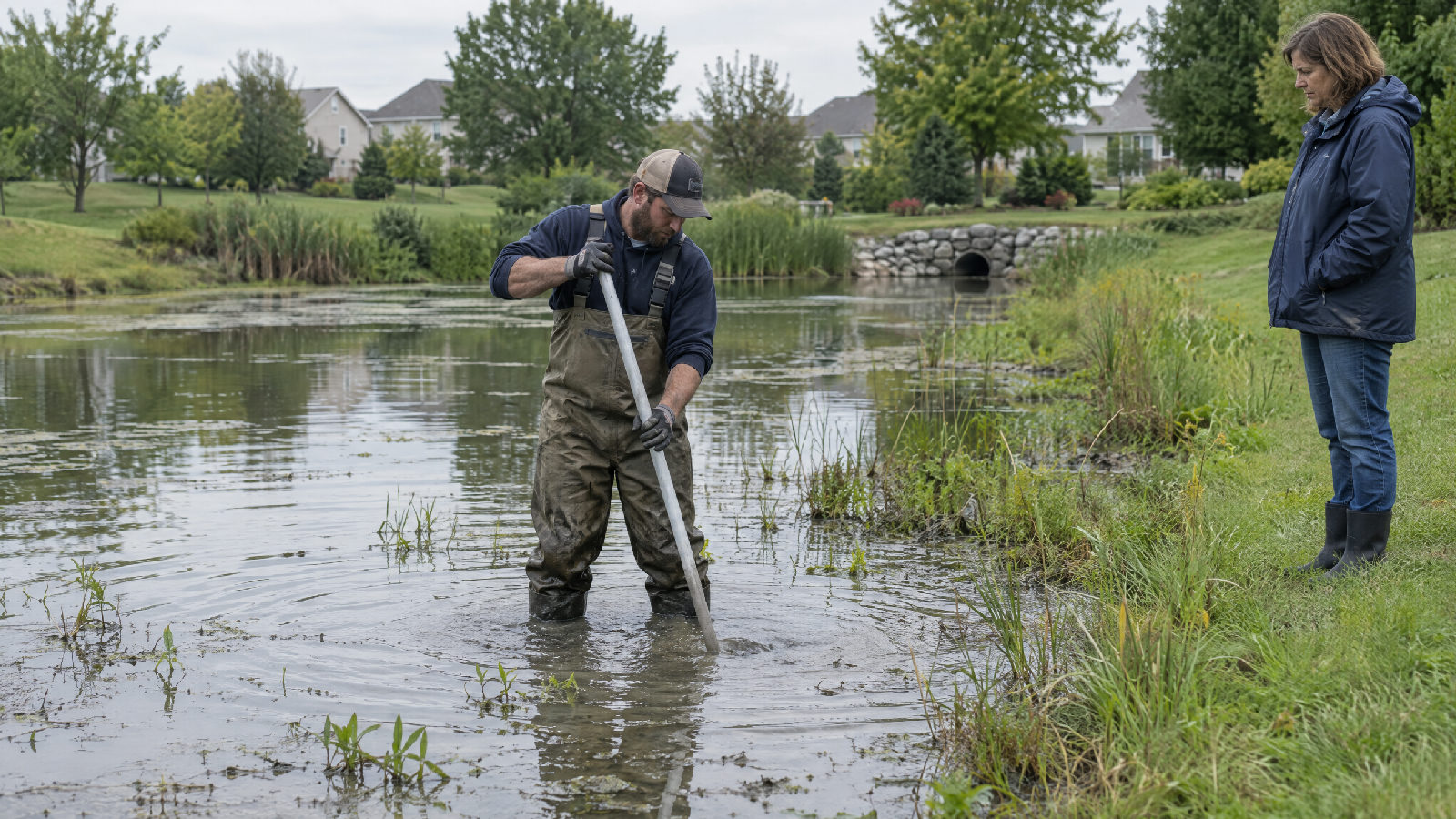 **Know the job, then hire it.** A board only needs to schedule the work and see that it was done. A contractor in chest waders pushing a long pole into the shallow forebay of a neighborhood pond while a board member watches from the grassy bank
